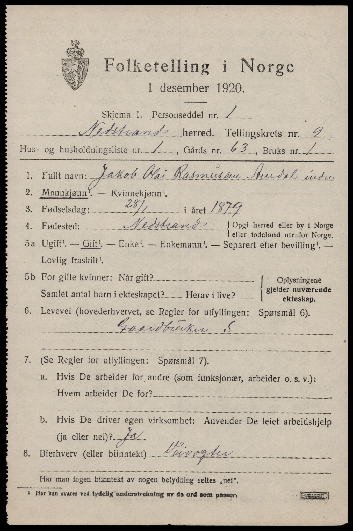 SAST, Folketelling 1920 for 1139 Nedstrand herred, 1920, s. 3235