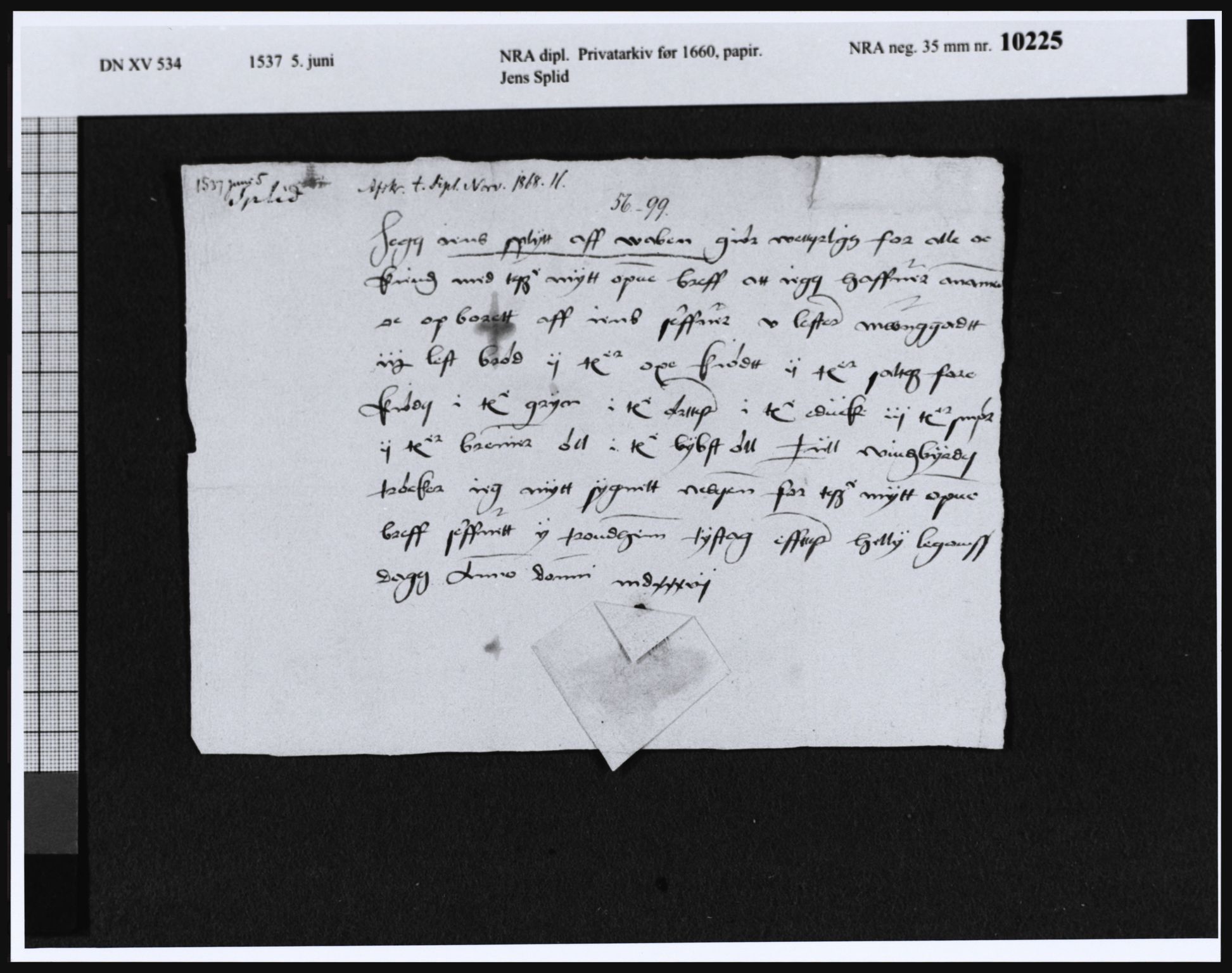 Riksarkivets diplomsamling, AV/RA-EA-5965/F21/F21d/F21dt/L0007: Dokumenter, 1537, s. 1