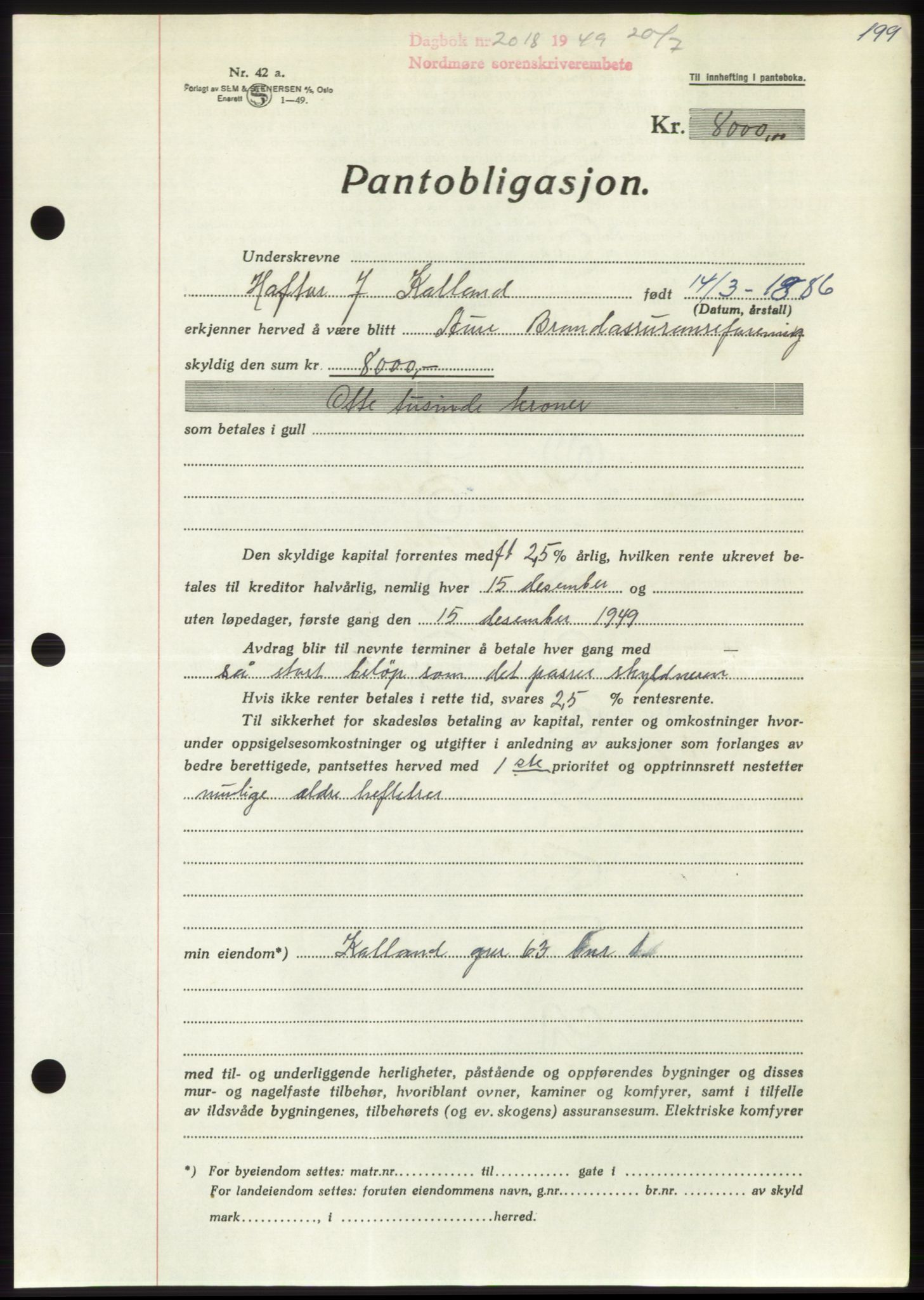 Nordmøre sorenskriveri, SAT/A-4132/1/2/2Ca: Pantebok nr. B102, 1949-1949, Dagboknr: 2018/1949