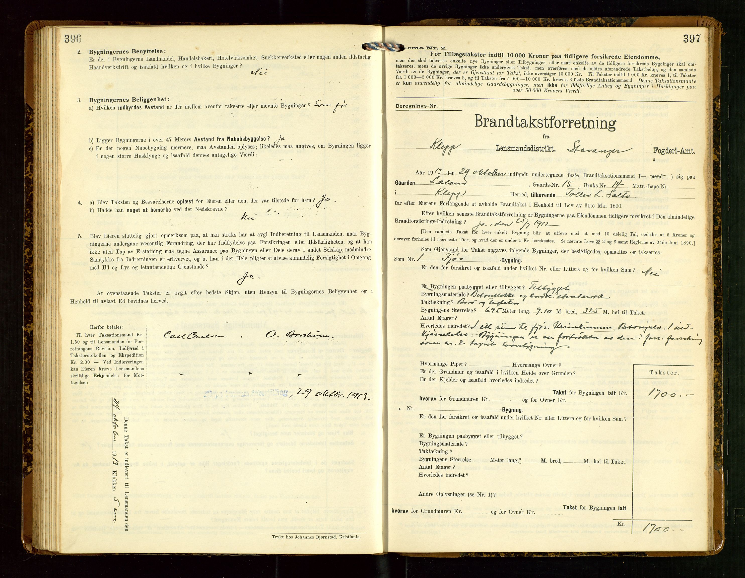 Klepp lensmannskontor, AV/SAST-A-100163/Goc/L0007: "Brandtaxationsprotokol" m/register, 1911-1915, s. 396-397