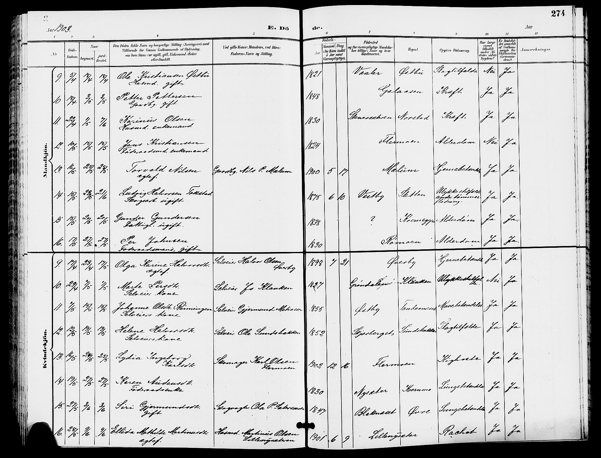 Trysil prestekontor, AV/SAH-PREST-046/H/Ha/Hab/L0006: Klokkerbok nr. 6, 1896-1912, s. 274