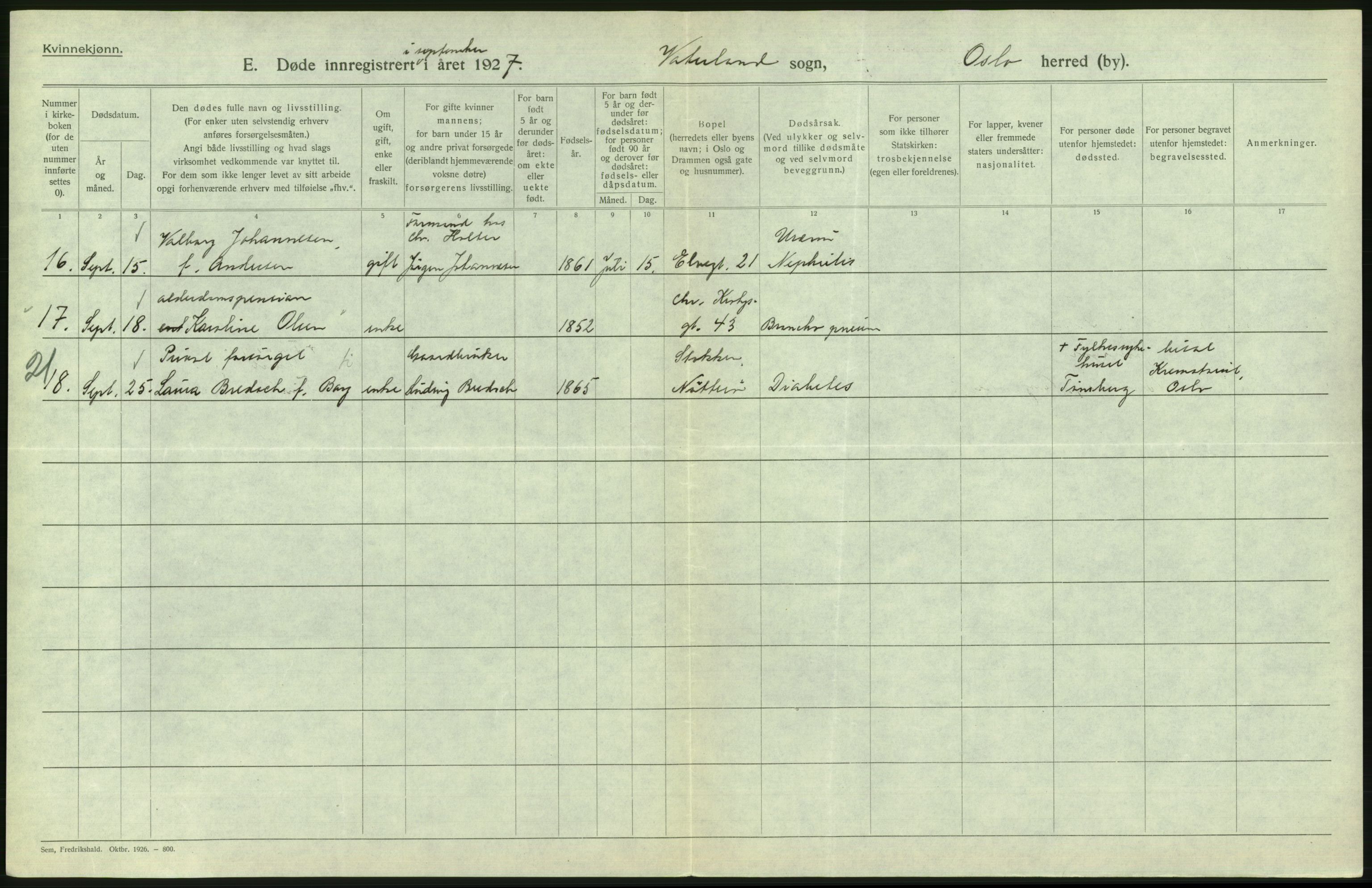 Statistisk sentralbyrå, Sosiodemografiske emner, Befolkning, AV/RA-S-2228/D/Df/Dfc/Dfcg/L0010: Oslo: Døde kvinner, dødfødte, 1927, s. 598