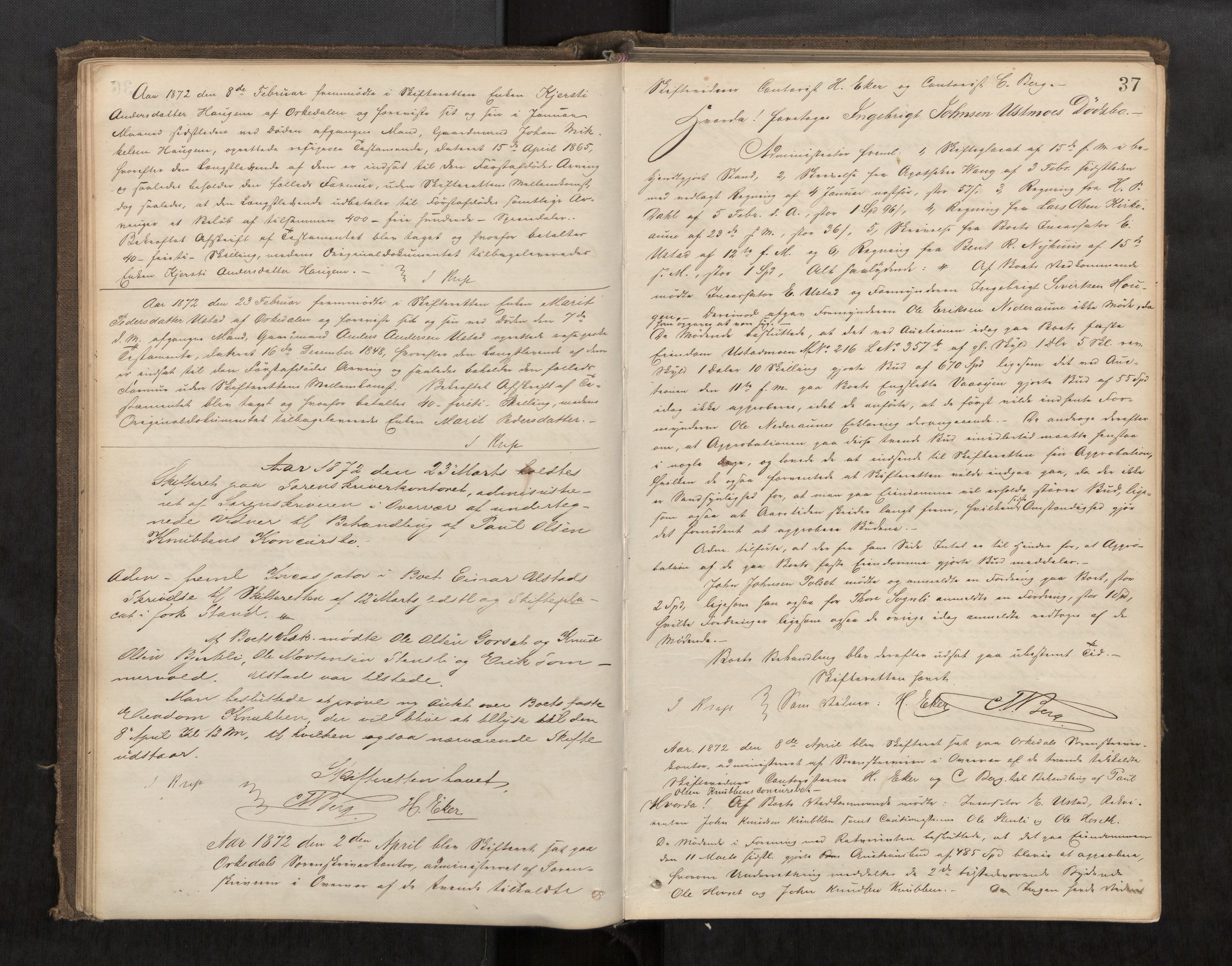 Orkdal sorenskriveri, AV/SAT-A-4169/1/3/3B/L0006: Skiftebehandlingsprotokoll, 1870-1885, s. 36b-37a