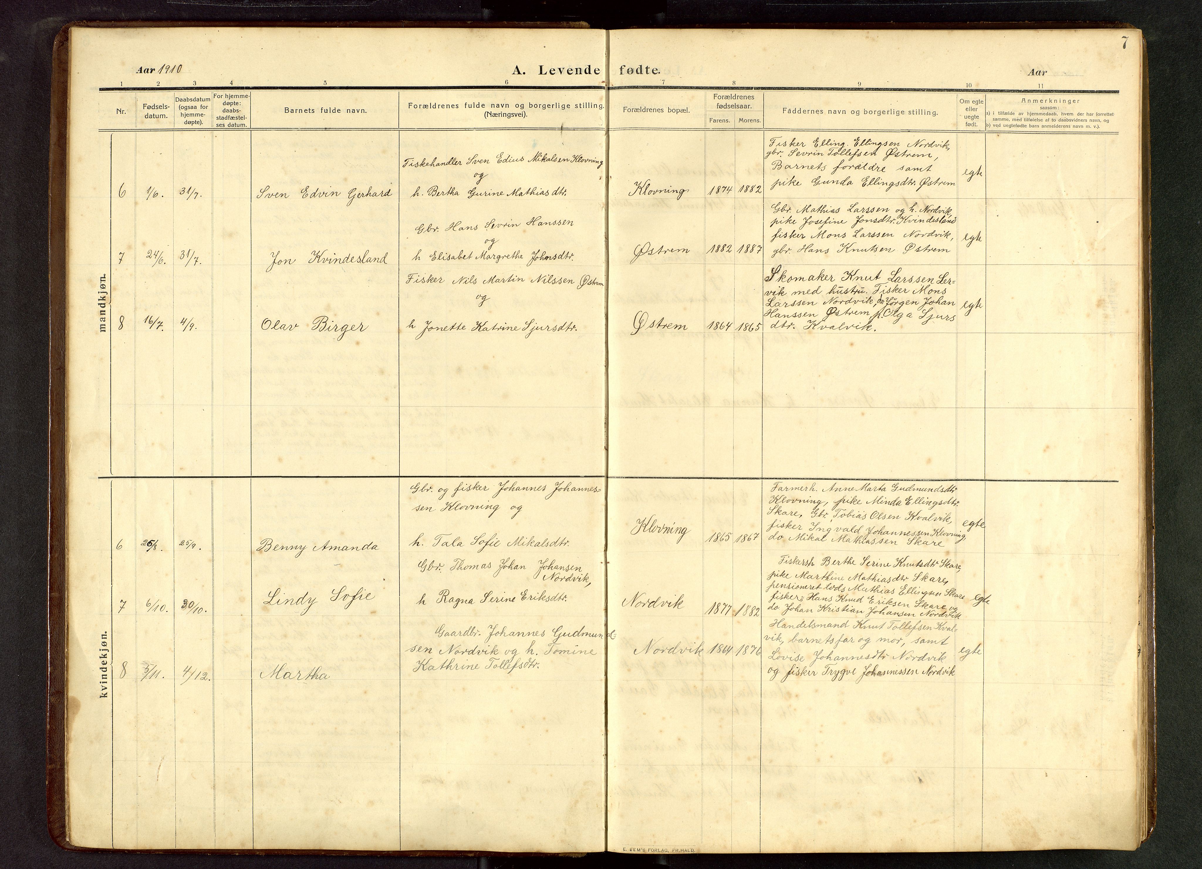 Torvastad sokneprestkontor, AV/SAST-A -101857/H/Ha/Hab/L0012: Klokkerbok nr. B 12, 1909-1945, s. 7