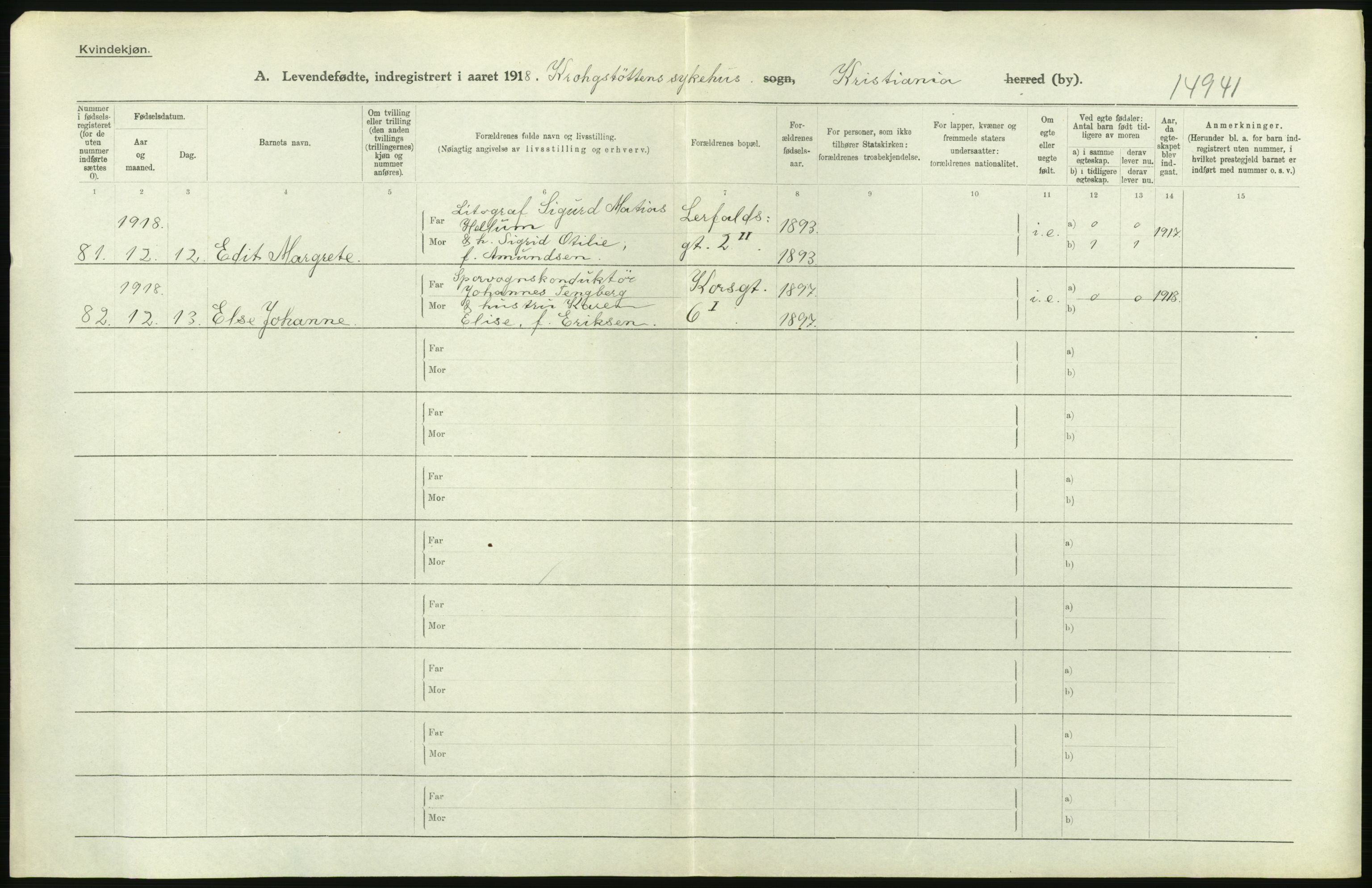 Statistisk sentralbyrå, Sosiodemografiske emner, Befolkning, AV/RA-S-2228/D/Df/Dfb/Dfbh/L0007: Kristiania: Levendefødte menn og kvinner., 1918, s. 18