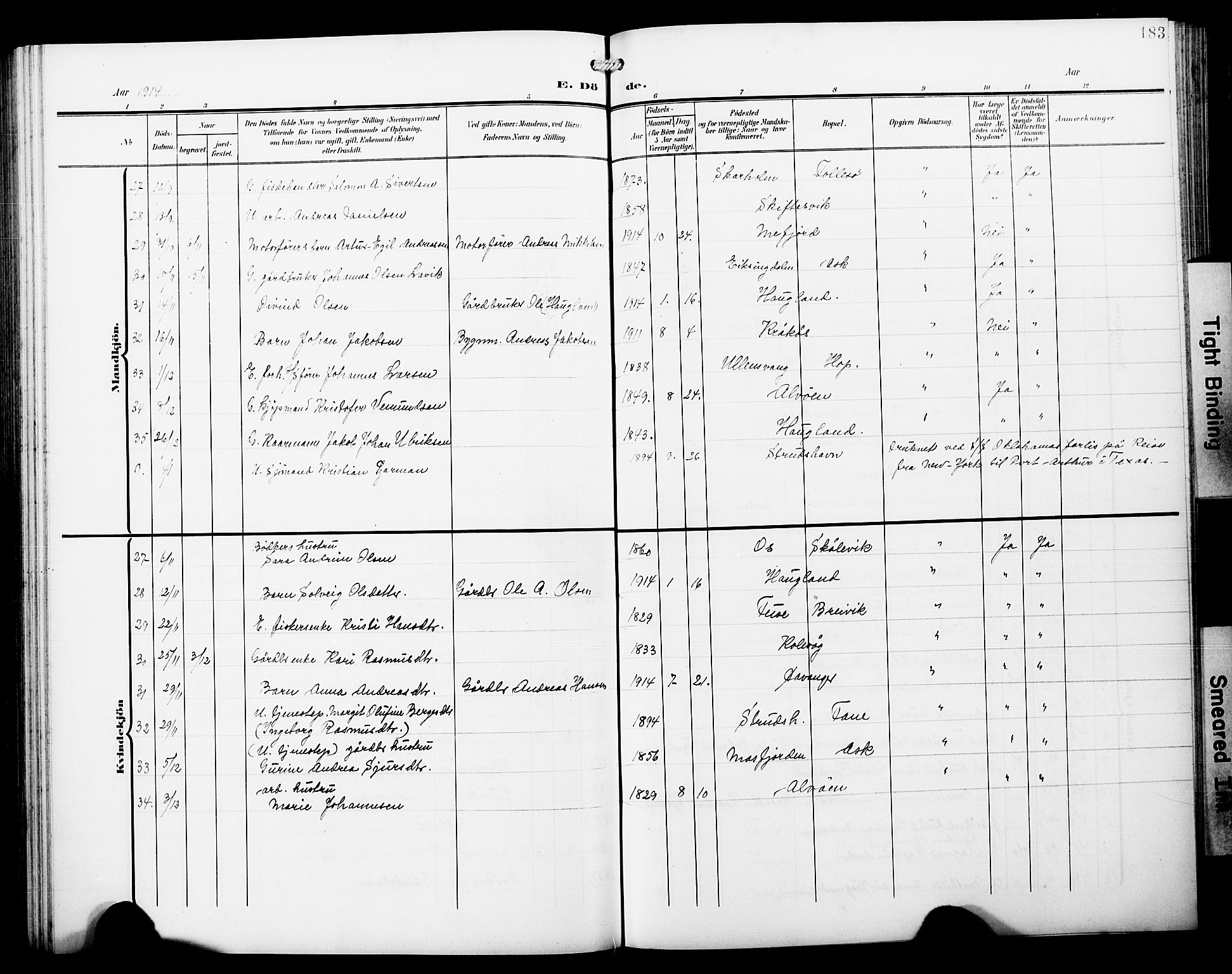 Askøy Sokneprestembete, SAB/A-74101/H/Ha/Hab/Haba/L0014: Klokkerbok nr. A 14, 1904-1927, s. 183