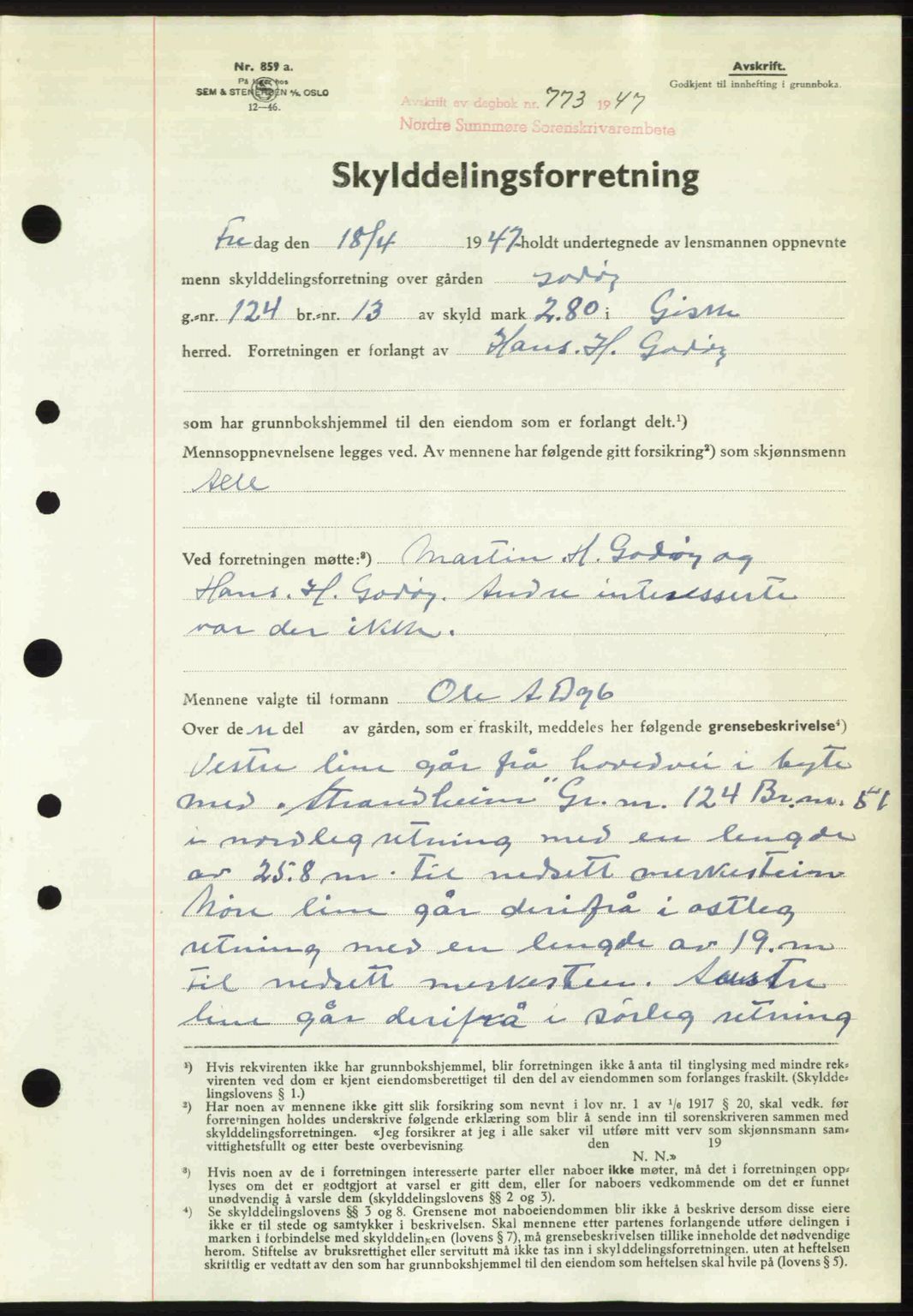 Nordre Sunnmøre sorenskriveri, SAT/A-0006/1/2/2C/2Ca: Pantebok nr. A24, 1947-1947, Dagboknr: 773/1947