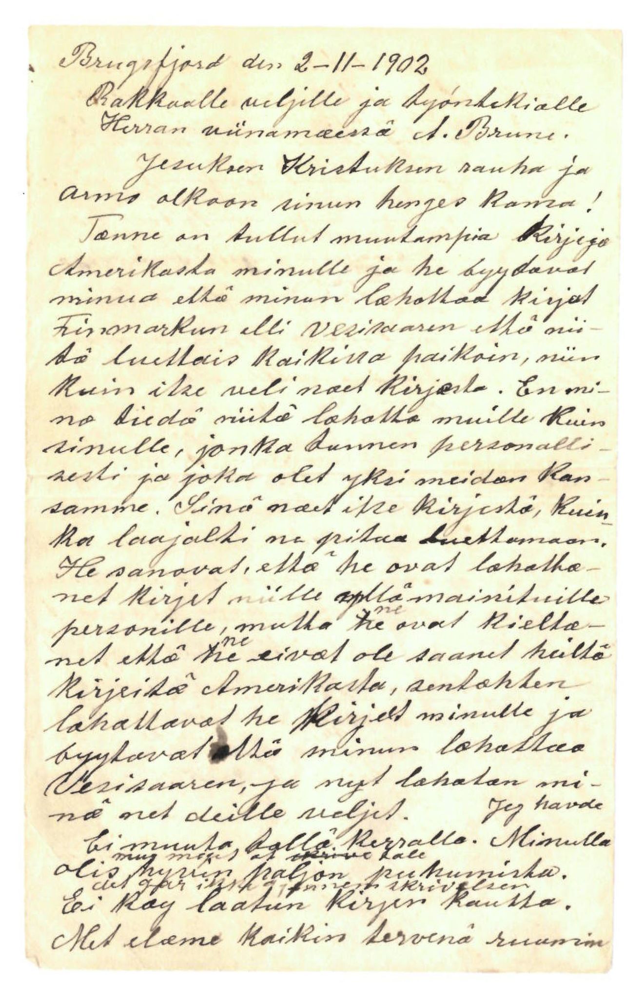 Elise Balos brevsamling, FMFB/A-1082/F/Fa/L0015: Brev fra P.O. Fjeldal til A. Brune, 1902