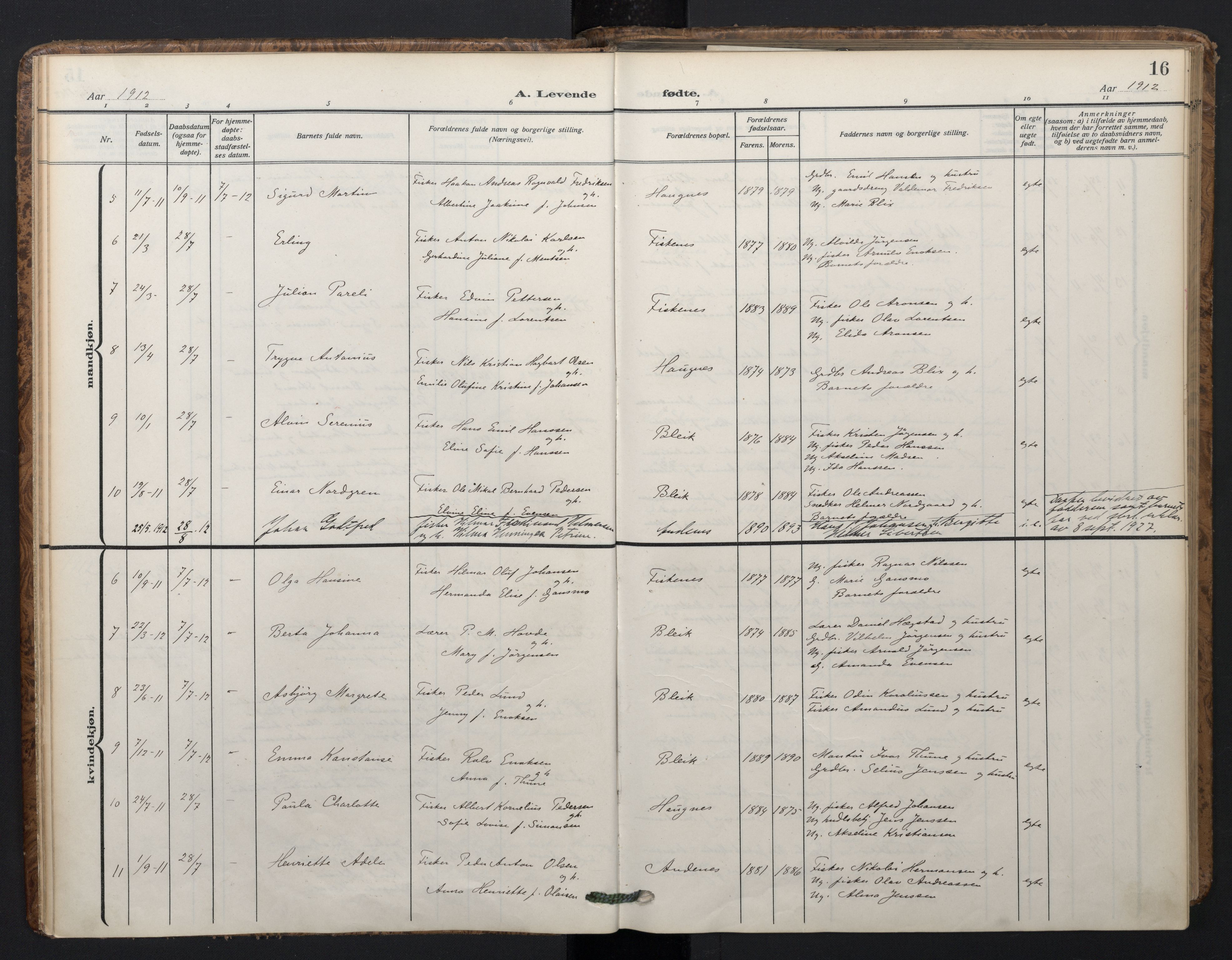 Ministerialprotokoller, klokkerbøker og fødselsregistre - Nordland, AV/SAT-A-1459/899/L1438: Ministerialbok nr. 899A06, 1909-1922, s. 16