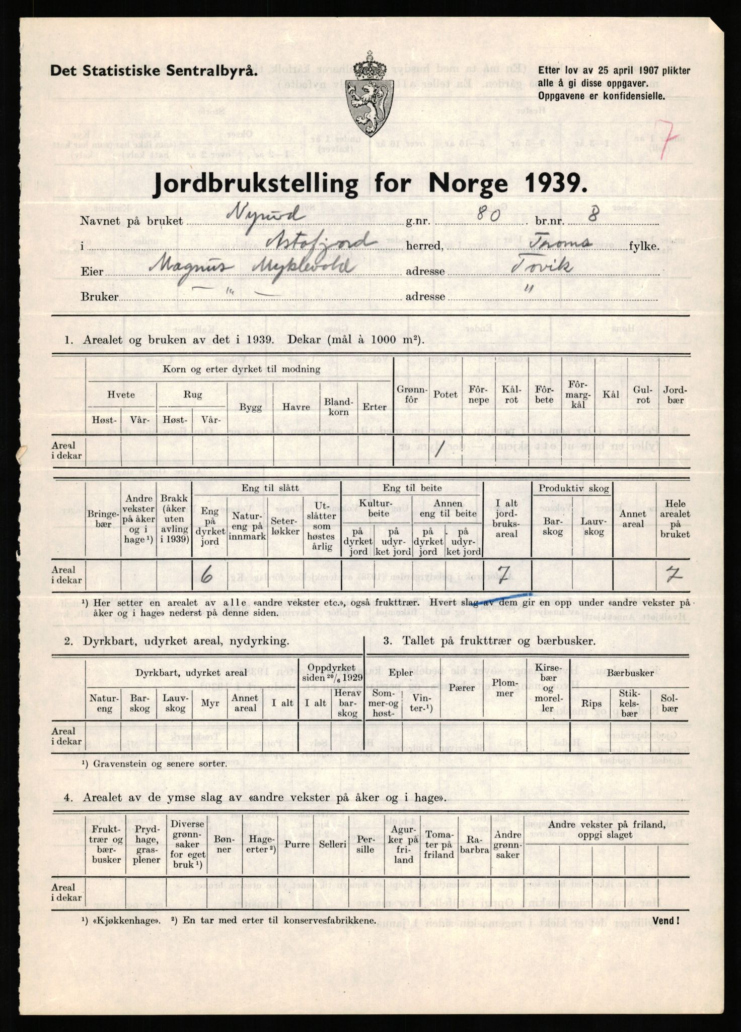 Statistisk sentralbyrå, Næringsøkonomiske emner, Jordbruk, skogbruk, jakt, fiske og fangst, AV/RA-S-2234/G/Gb/L0339: Troms: Andørja, Astafjord og Lavangen, 1939, s. 19