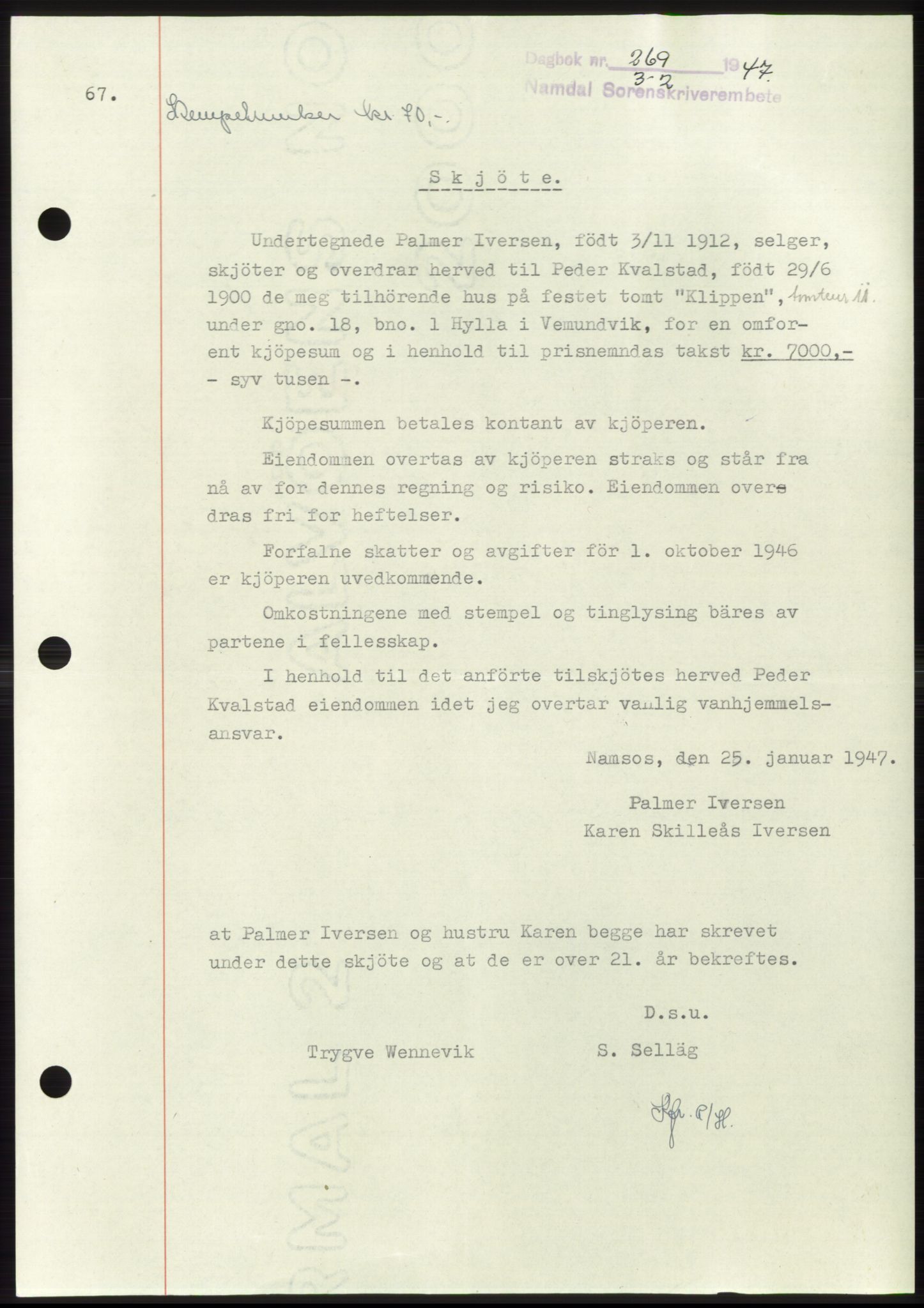 Namdal sorenskriveri, SAT/A-4133/1/2/2C: Pantebok nr. -, 1946-1947, Dagboknr: 269/1947