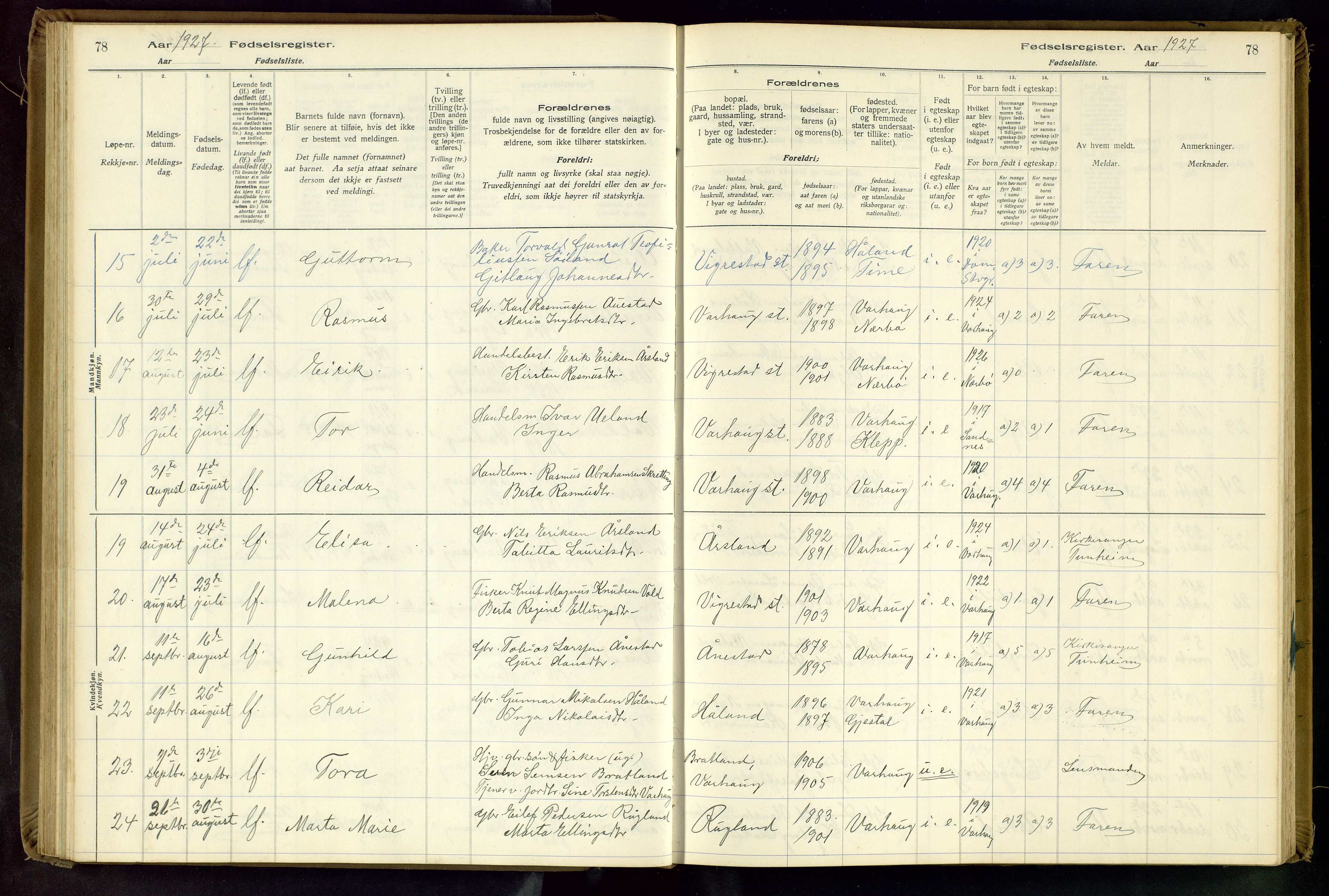 Hå sokneprestkontor, SAST/A-101801/001/704BA/L0001: Fødselsregister nr. 1, 1916-1944, s. 78