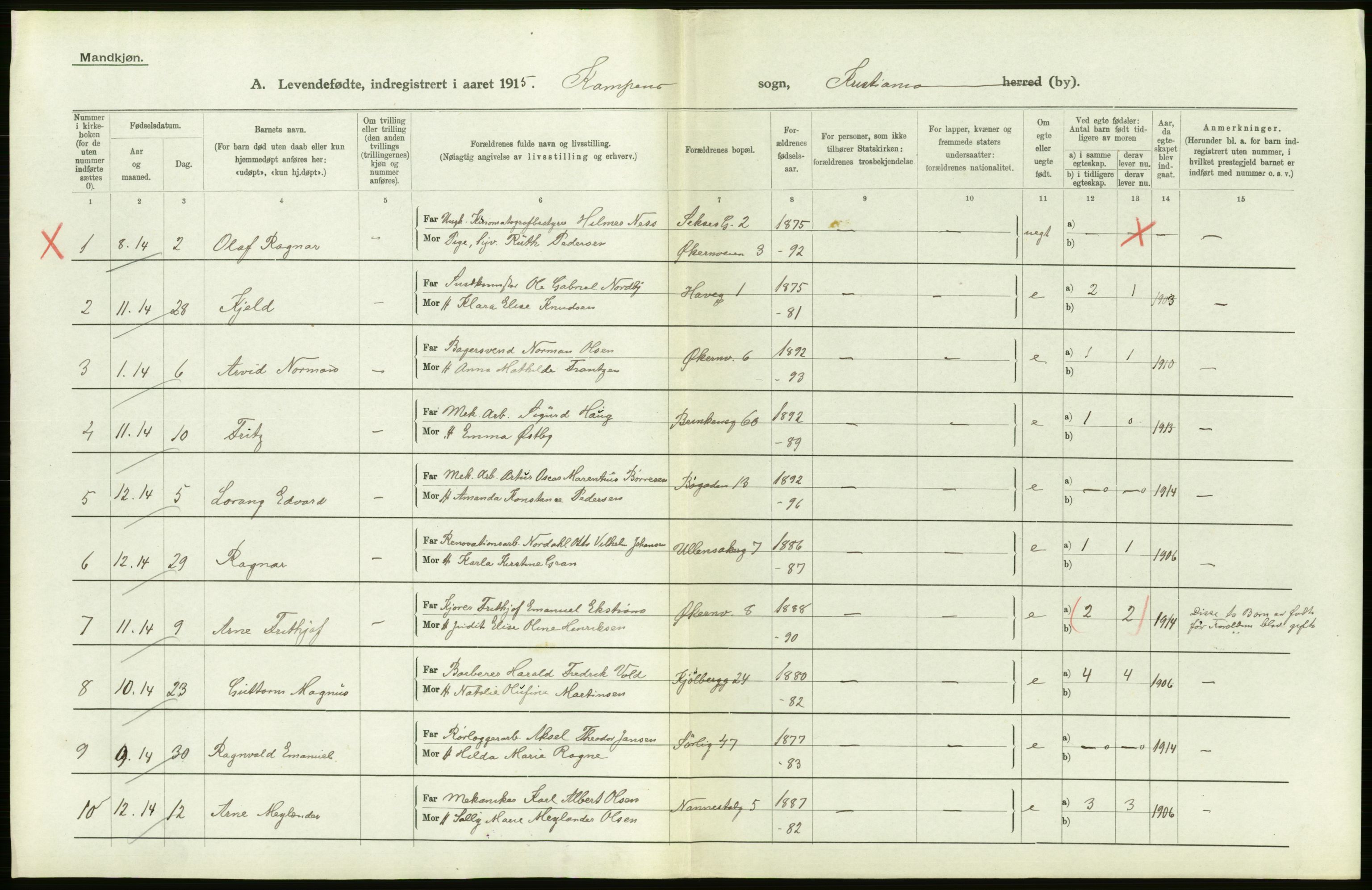 Statistisk sentralbyrå, Sosiodemografiske emner, Befolkning, RA/S-2228/D/Df/Dfb/Dfbe/L0006: Kristiania: Levendefødte menn og kvinner., 1915, s. 448