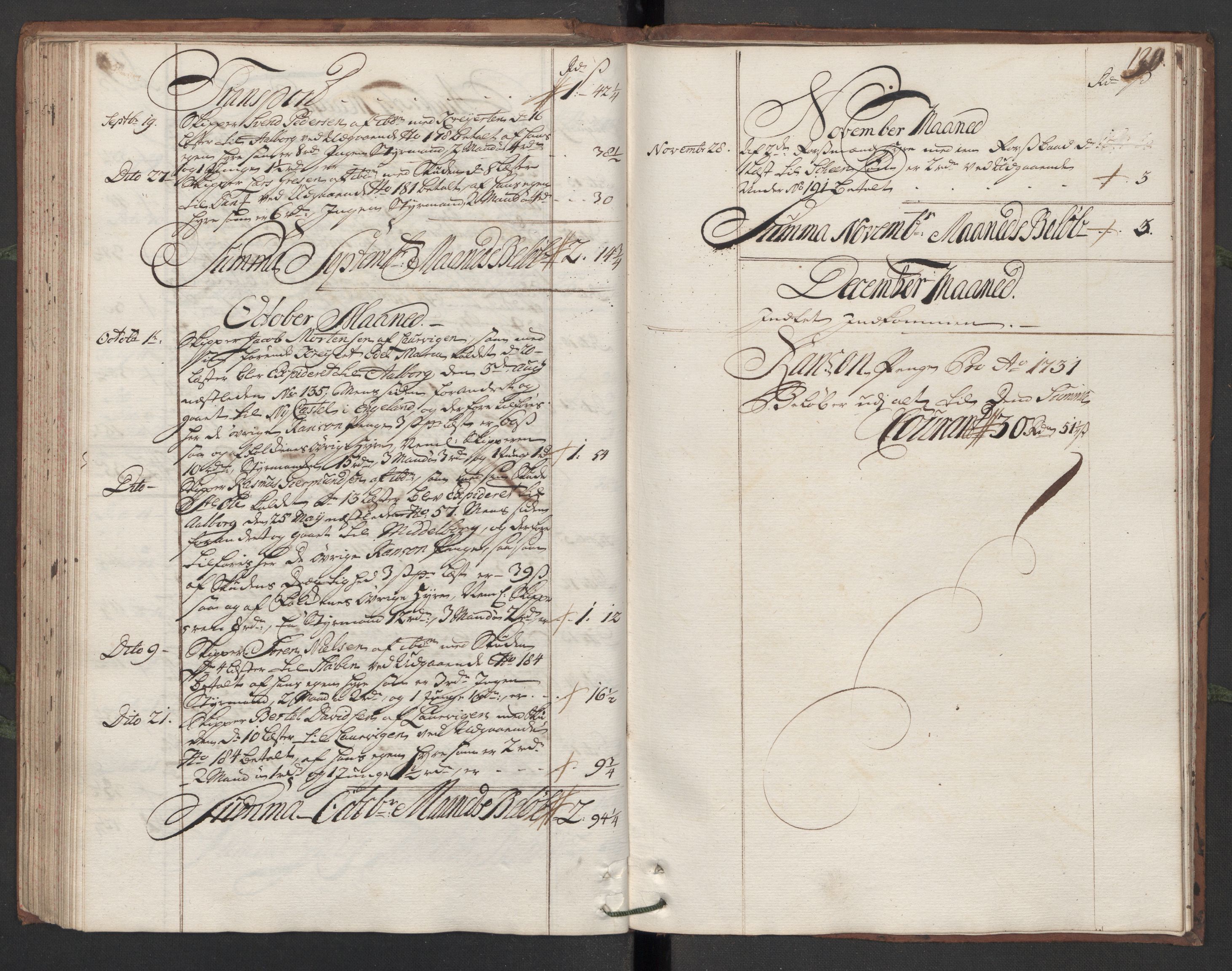 Generaltollkammeret, tollregnskaper, RA/EA-5490/R13/L0006/0001: Tollregnskaper Kragerø / Hovedtollbok, 1731, s. 129b-130a