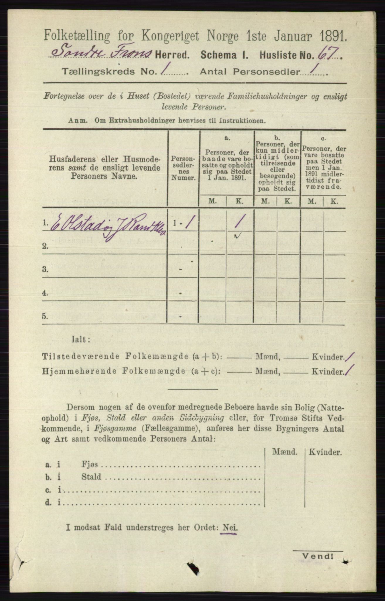 RA, Folketelling 1891 for 0519 Sør-Fron herred, 1891, s. 92