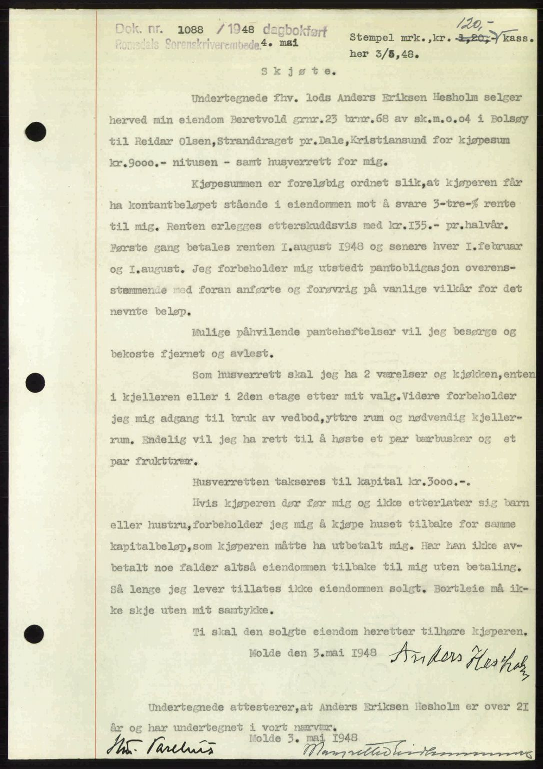 Romsdal sorenskriveri, SAT/A-4149/1/2/2C: Pantebok nr. A26, 1948-1948, Dagboknr: 1088/1948