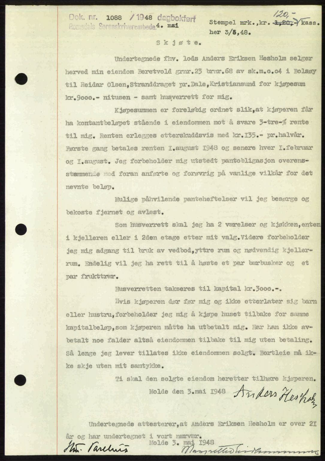 Romsdal sorenskriveri, AV/SAT-A-4149/1/2/2C: Pantebok nr. A26, 1948-1948, Dagboknr: 1088/1948