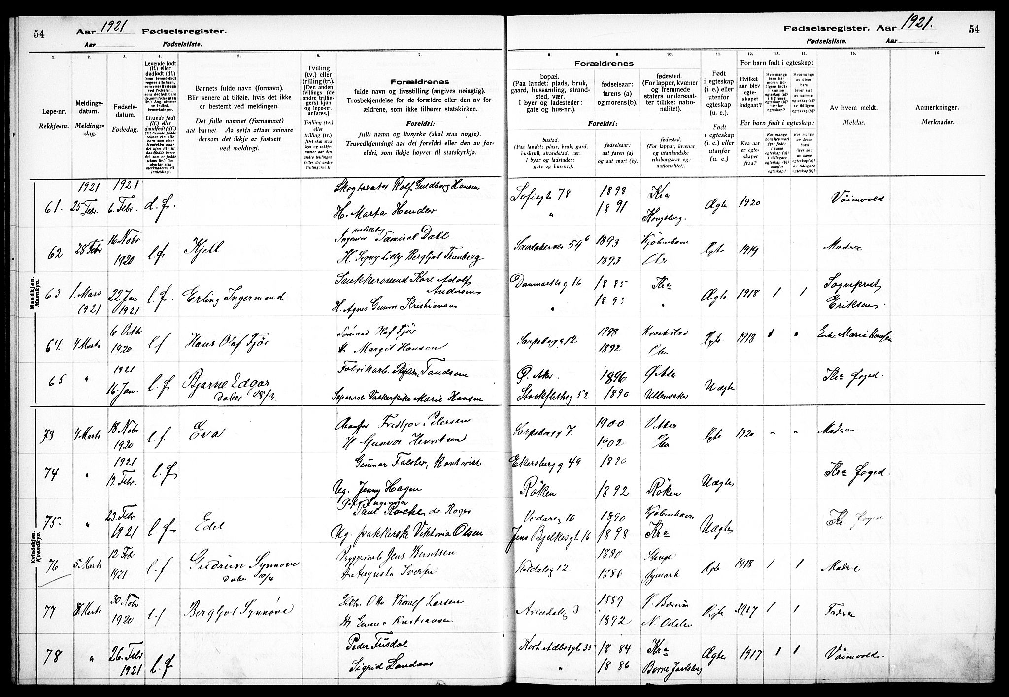 Sagene prestekontor Kirkebøker, SAO/A-10796/J/L0002: Fødselsregister nr. 2, 1920-1922, s. 54