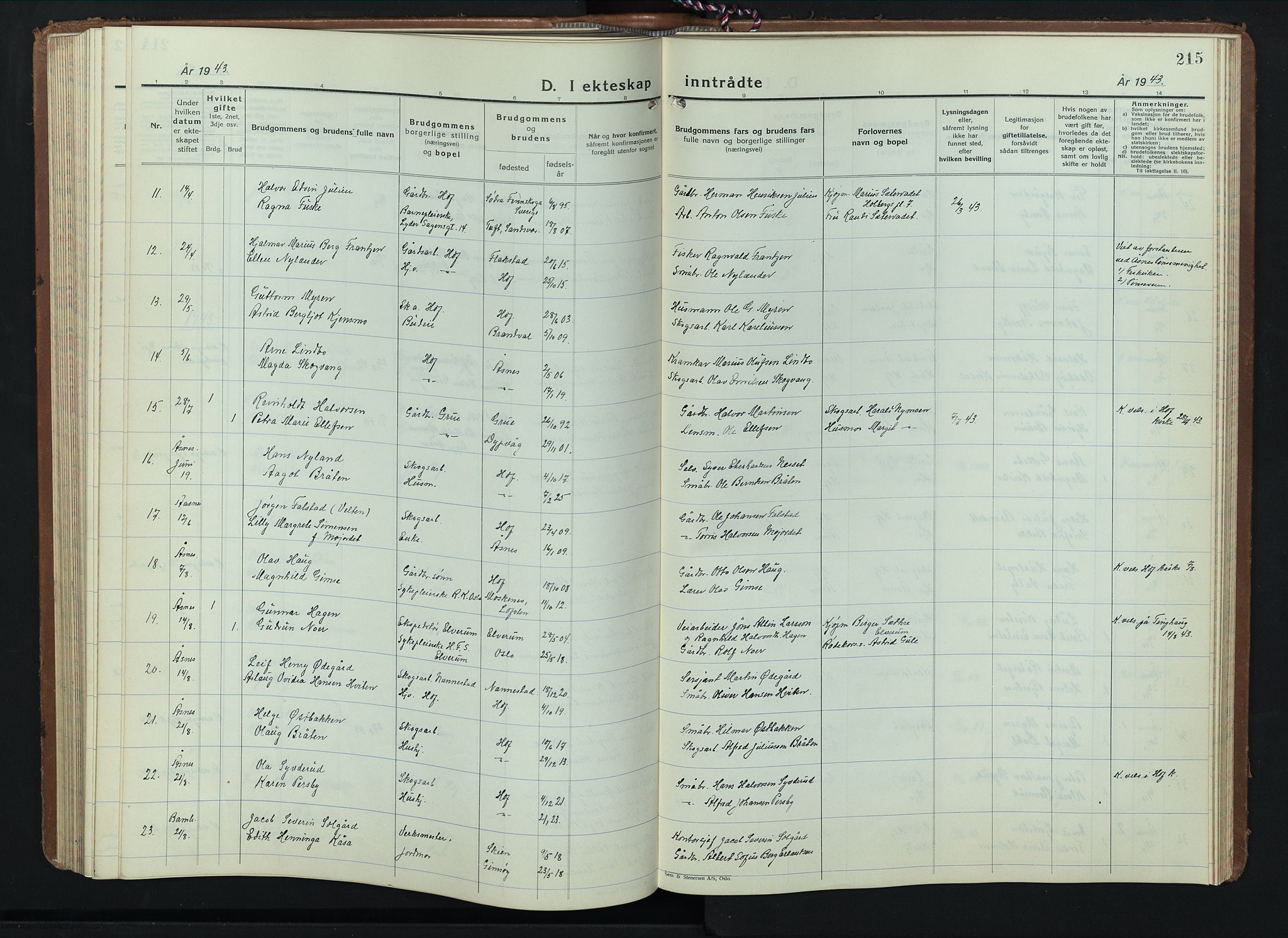 Hof prestekontor, SAH/PREST-038/H/Ha/Hab/L0003: Klokkerbok nr. 3, 1933-1947, s. 215