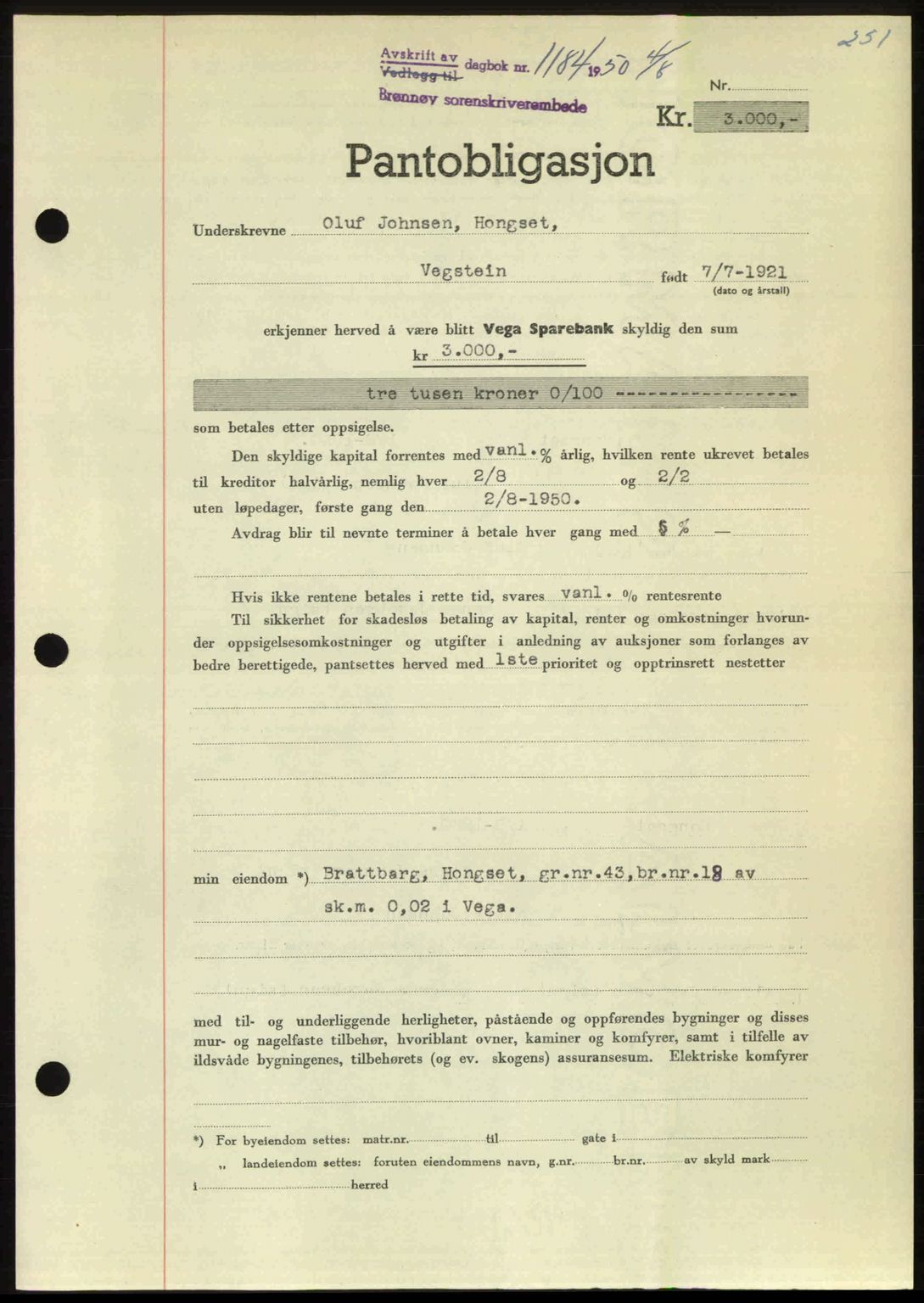 Brønnøy sorenskriveri, SAT/A-4170/1/2/2C: Pantebok nr. 36, 1950-1950, Dagboknr: 1184/1950