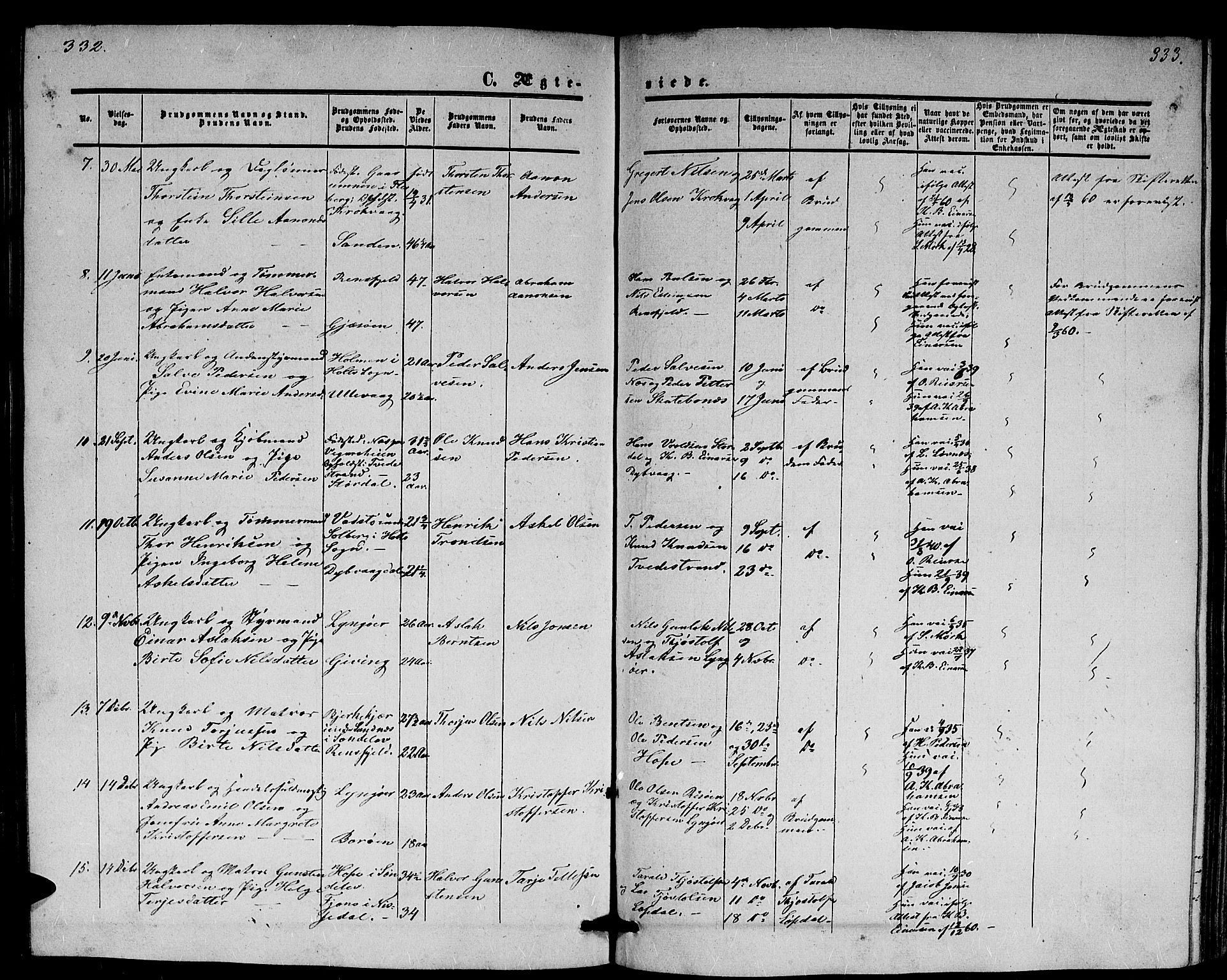 Dypvåg sokneprestkontor, AV/SAK-1111-0007/F/Fb/Fba/L0011: Klokkerbok nr. B 11, 1857-1872, s. 332-333