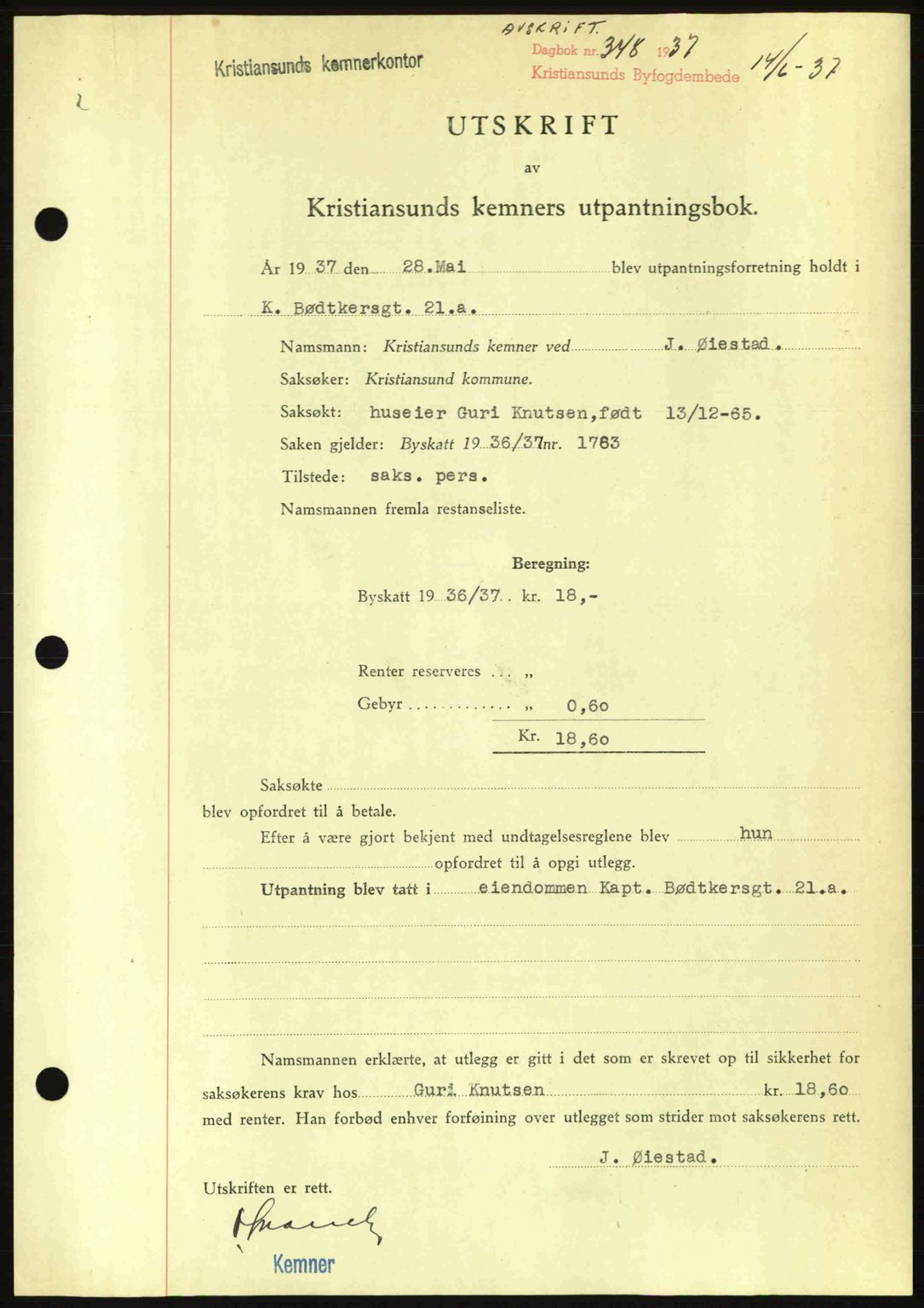 Kristiansund byfogd, SAT/A-4587/A/27: Pantebok nr. 29, 1936-1937, Dagboknr: 348/1937