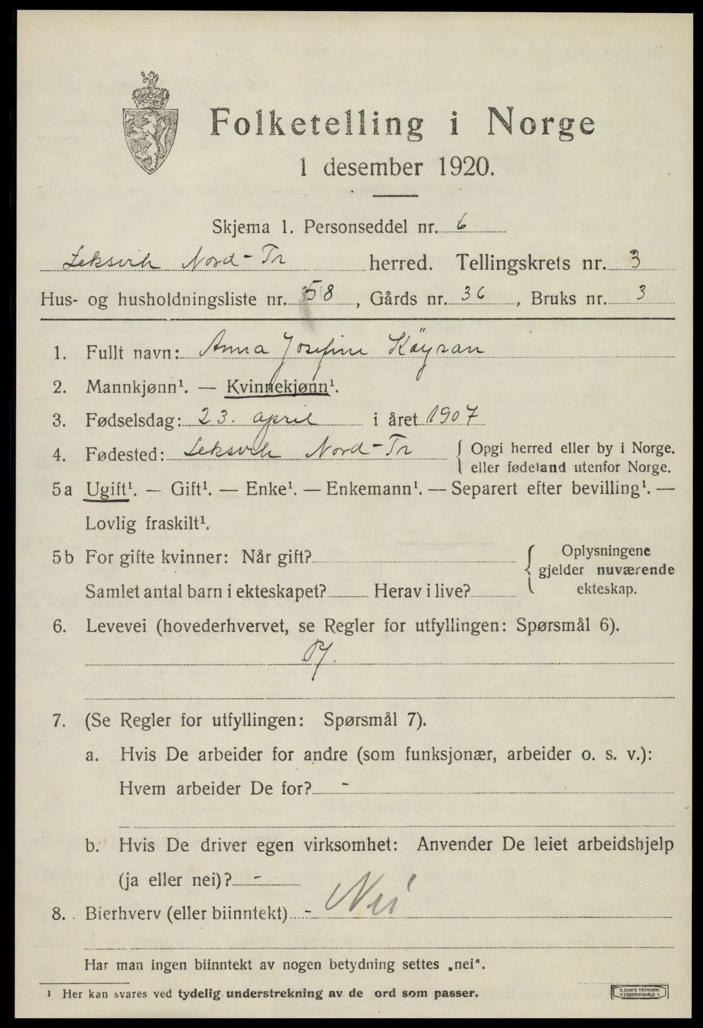 SAT, Folketelling 1920 for 1718 Leksvik herred, 1920, s. 3478