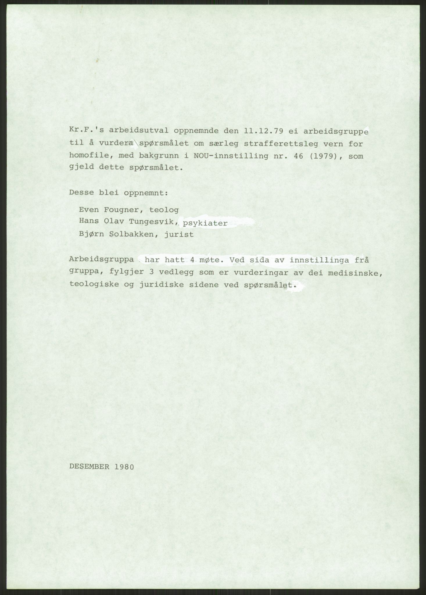 Kristelig Folkeparti, RA/PA-0621/G/Gc/L0017/0008: -- / Utvalg for homofili, 1981-1985