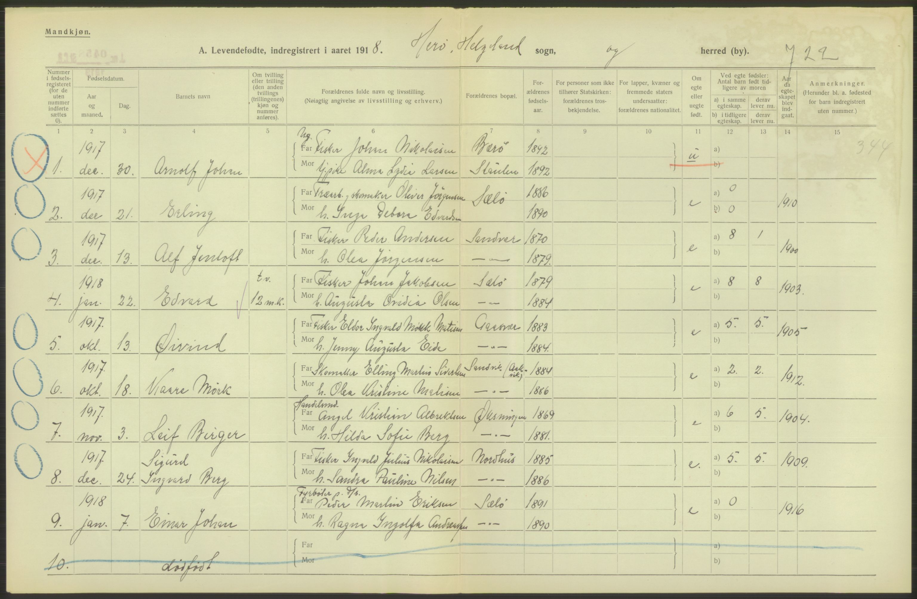 Statistisk sentralbyrå, Sosiodemografiske emner, Befolkning, RA/S-2228/D/Df/Dfb/Dfbh/L0052: Nordland fylke: Levendefødte menn og kvinner. Bygder., 1918, s. 92