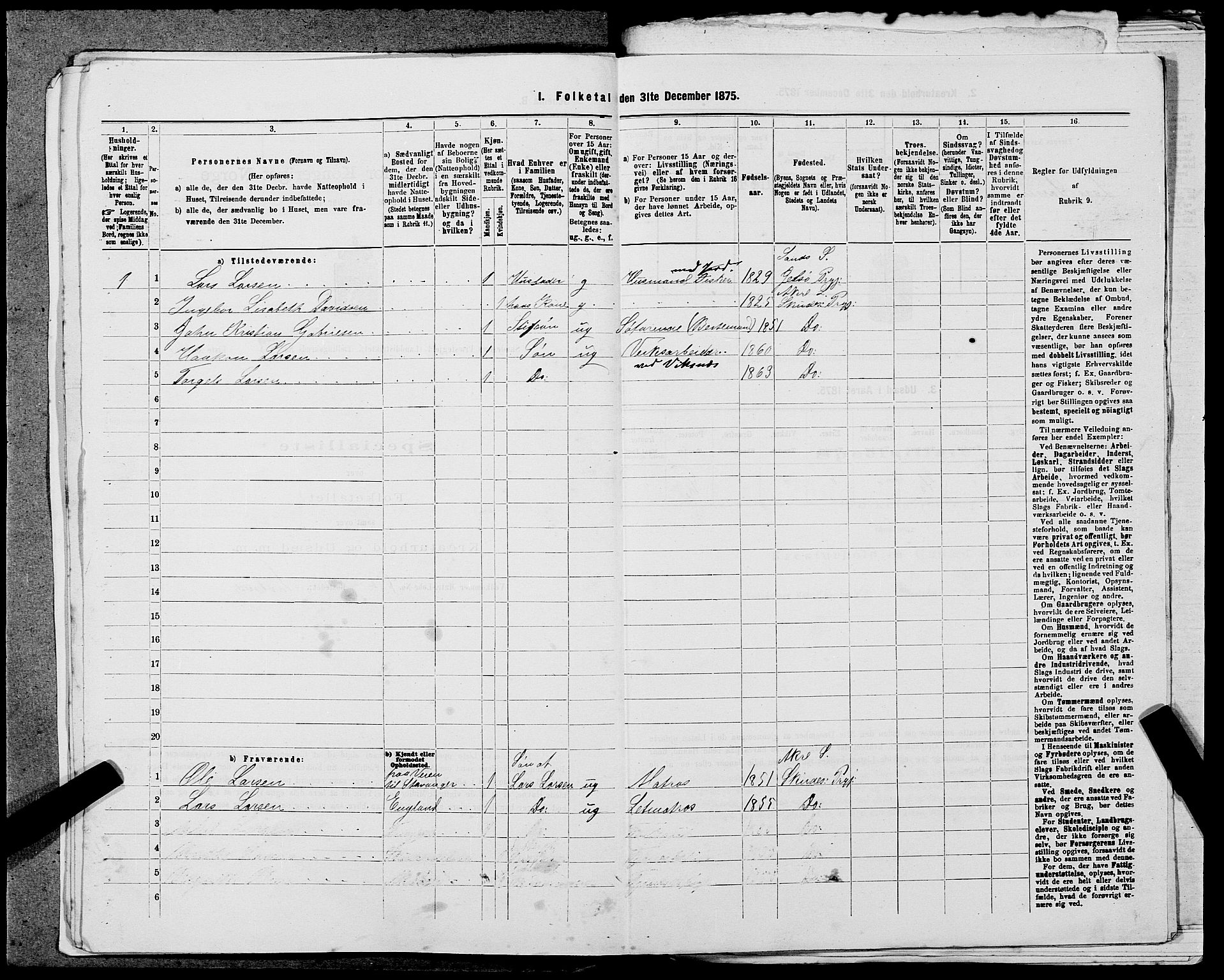 SAST, Folketelling 1875 for 1150L Skudenes prestegjeld, Falnes sokn, Åkra sokn og Ferkingstad sokn, 1875, s. 351