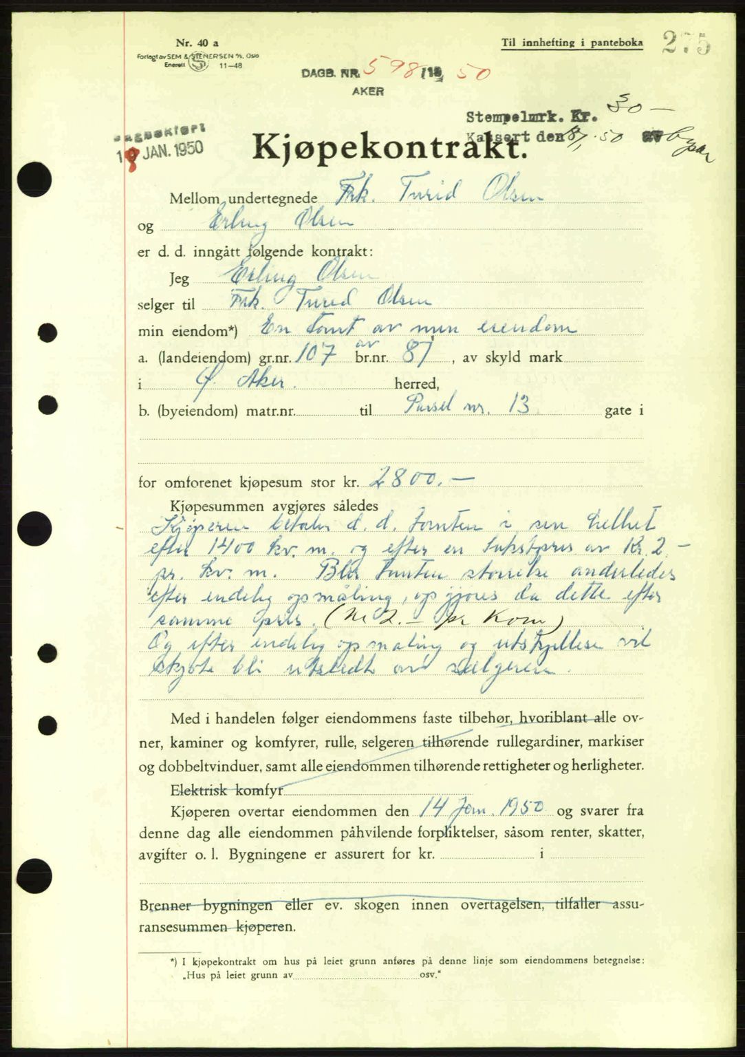 Oslo byskriverembete, AV/SAO-A-10227/G/Gb/Gbd/Gbda/L0017: Pantebok nr. A215, 1949-1950, Dagboknr: 598/1950