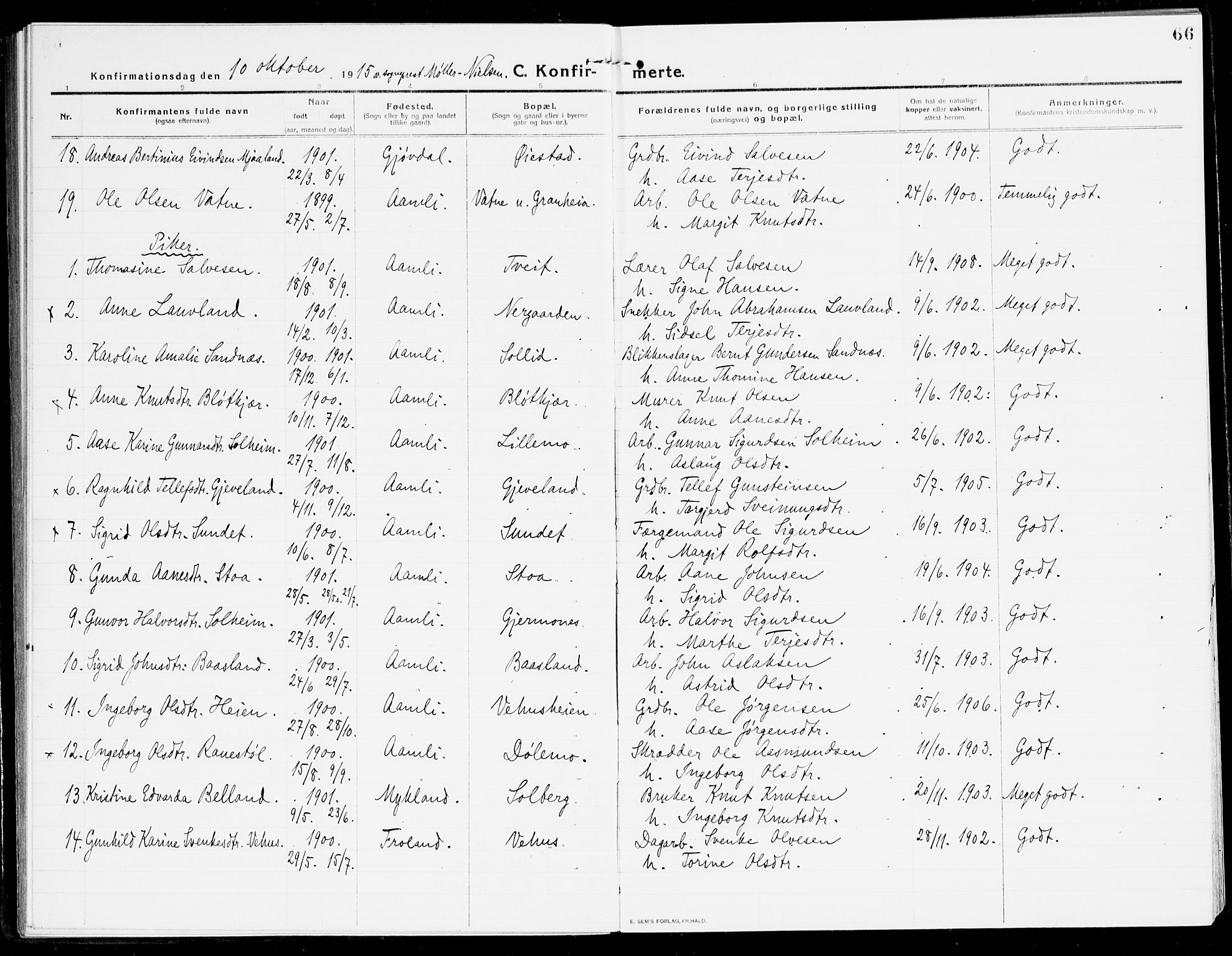 Åmli sokneprestkontor, AV/SAK-1111-0050/F/Fa/Fac/L0013: Ministerialbok nr. A 13, 1914-1933, s. 66
