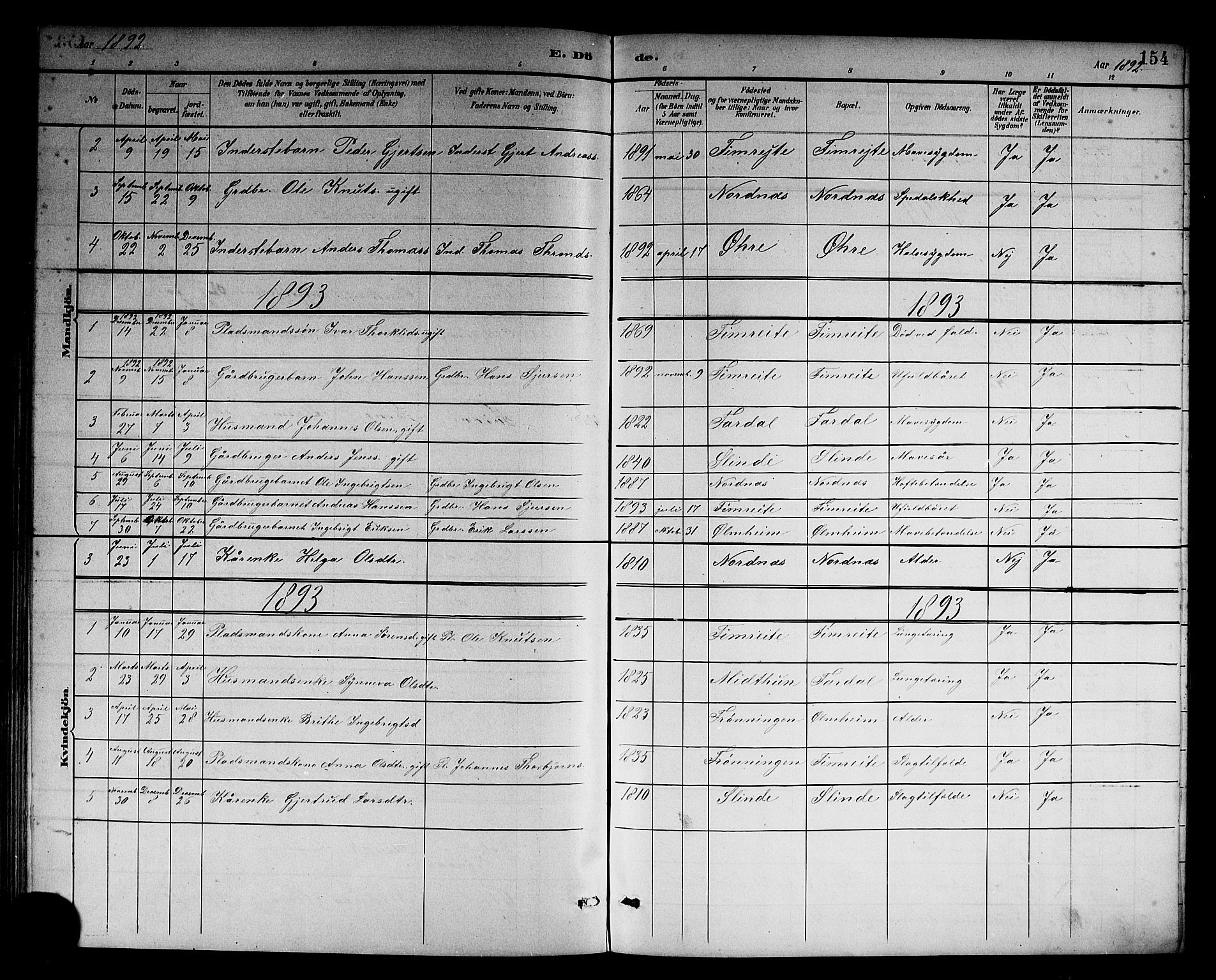 Sogndal sokneprestembete, AV/SAB-A-81301/H/Hab/Habc/L0002: Klokkerbok nr. C 2, 1884-1910, s. 154