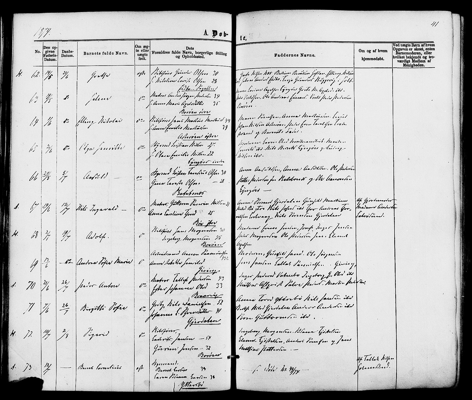 Dypvåg sokneprestkontor, AV/SAK-1111-0007/F/Fa/Faa/L0007: Ministerialbok nr. A 7/ 1, 1872-1884, s. 41
