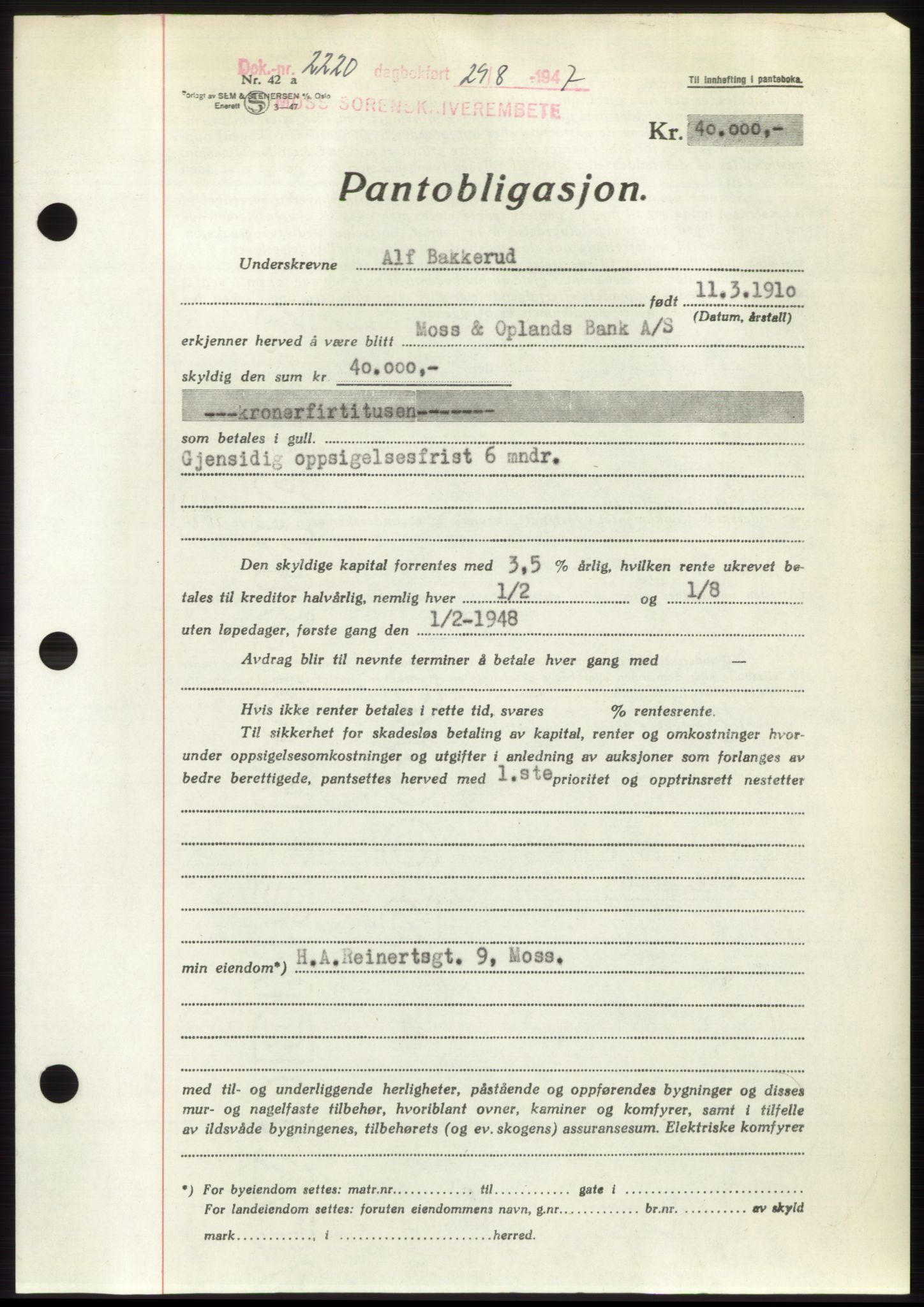 Moss sorenskriveri, SAO/A-10168: Pantebok nr. B17, 1947-1947, Dagboknr: 2220/1947