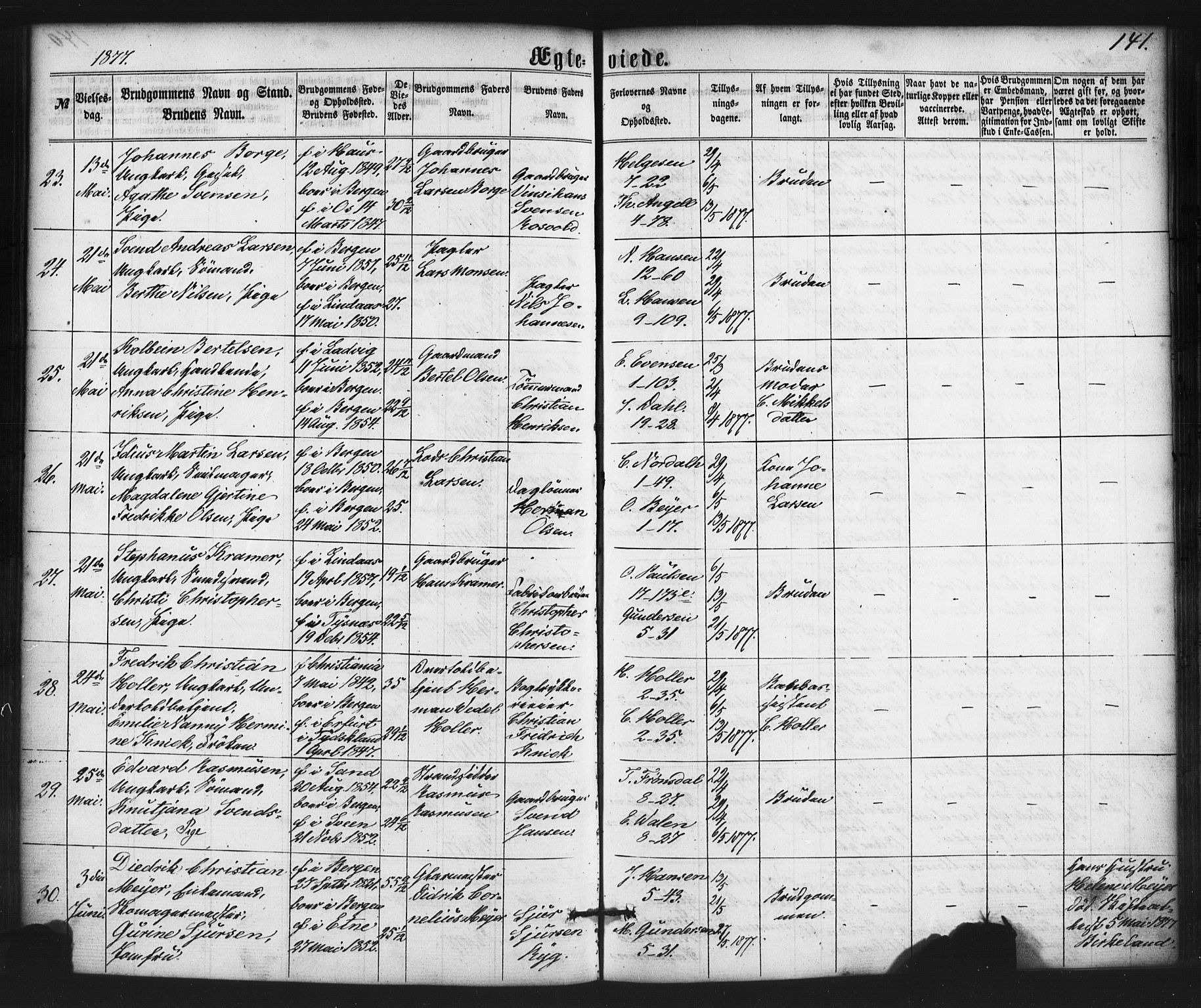 Nykirken Sokneprestembete, AV/SAB-A-77101/H/Haa/L0032: Ministerialbok nr. D 2, 1861-1883, s. 141