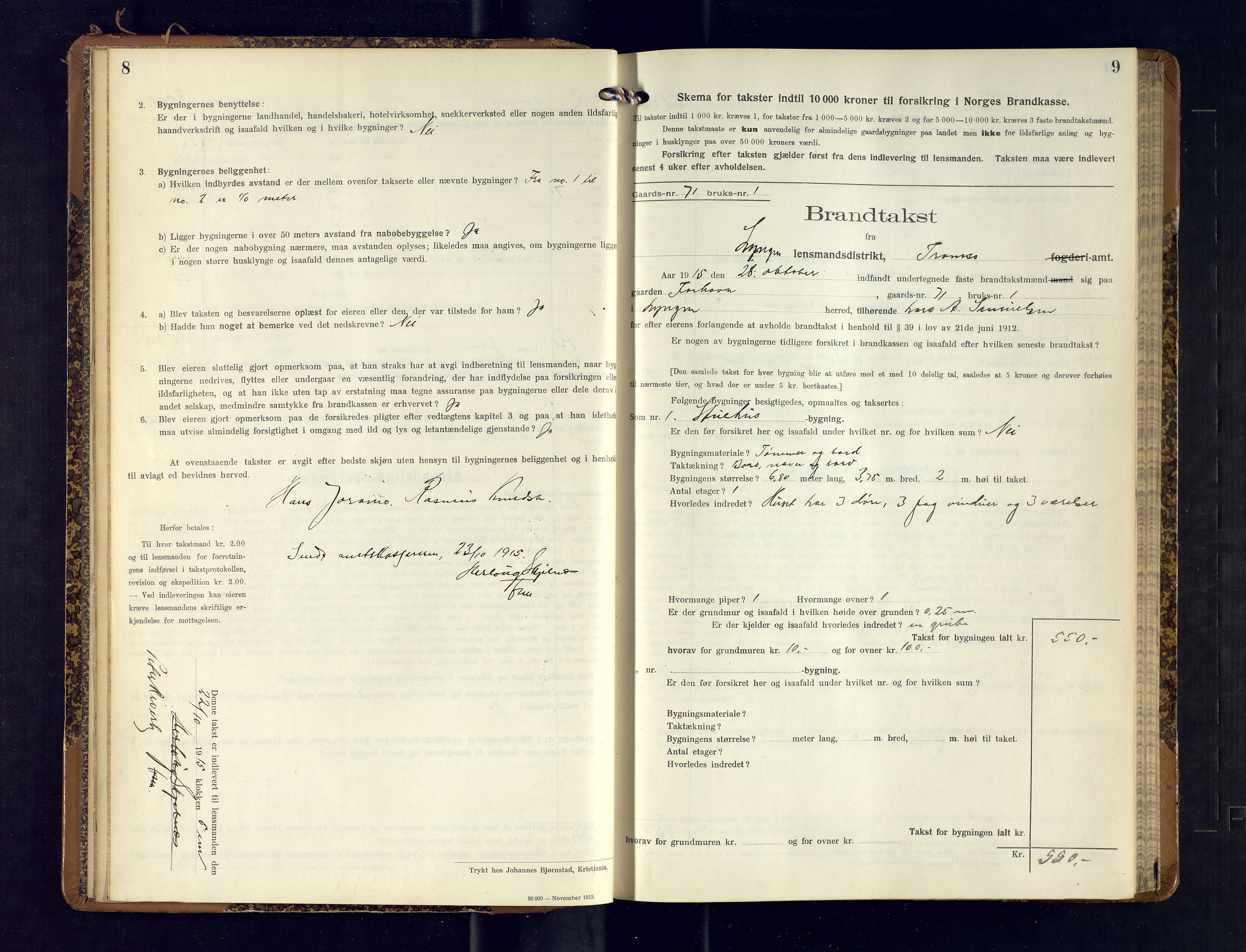 Lyngen lensmannskontor, AV/SATØ-SATO-99/F/Fm/Fmb/L0120: Branntakstprotokoller, 1915-1917, s. 8-9