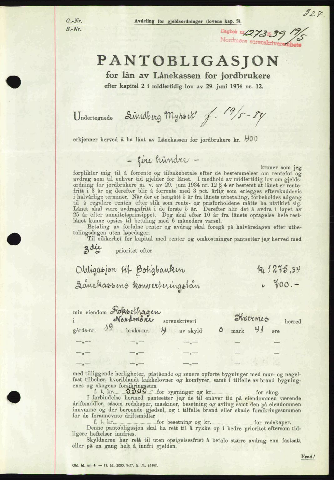 Nordmøre sorenskriveri, SAT/A-4132/1/2/2Ca: Pantebok nr. B85, 1939-1939, Dagboknr: 1273/1939