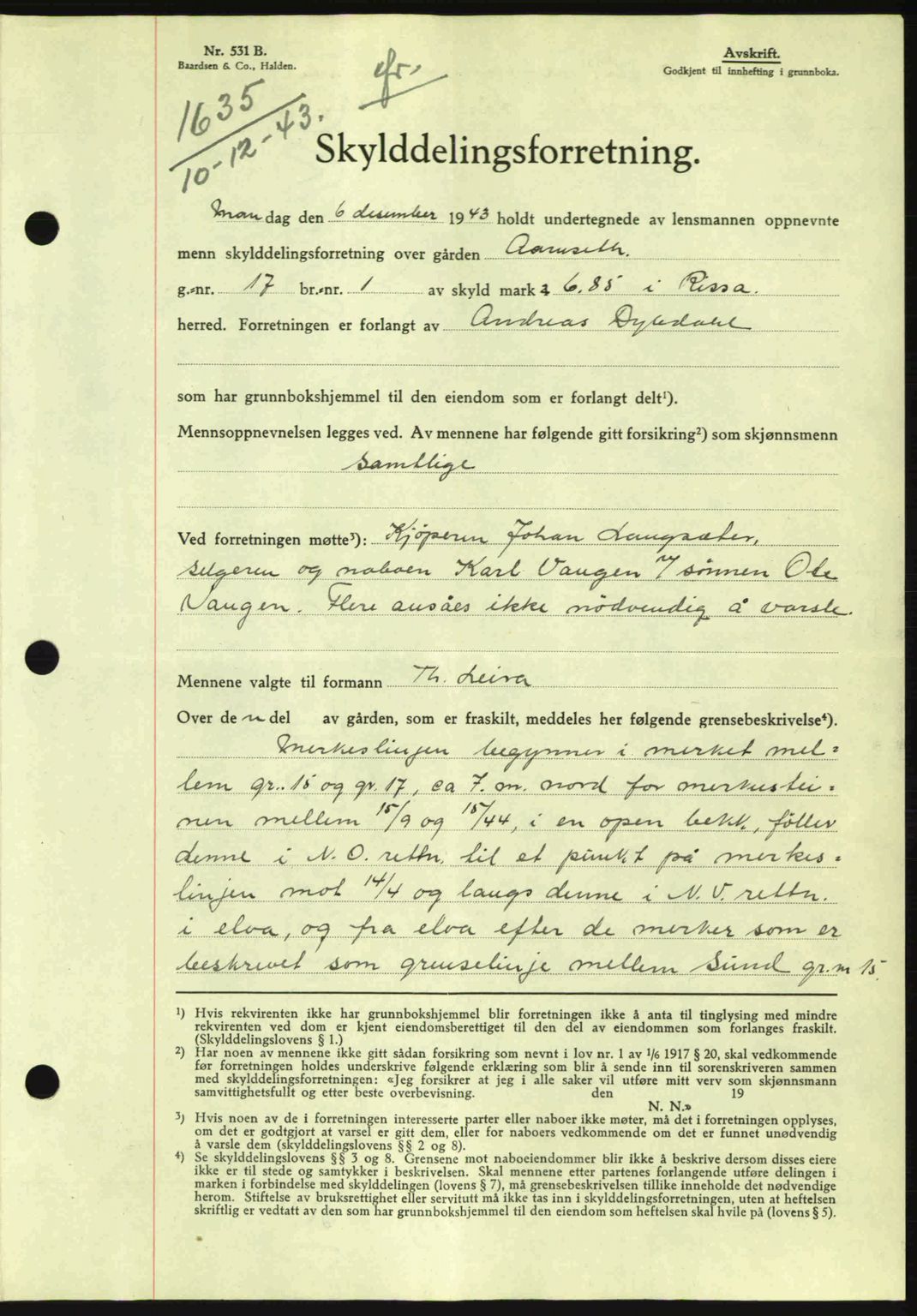 Fosen sorenskriveri, AV/SAT-A-1107/1/2/2C: Pantebok nr. A3, 1943-1945, Dagboknr: 1635/1943