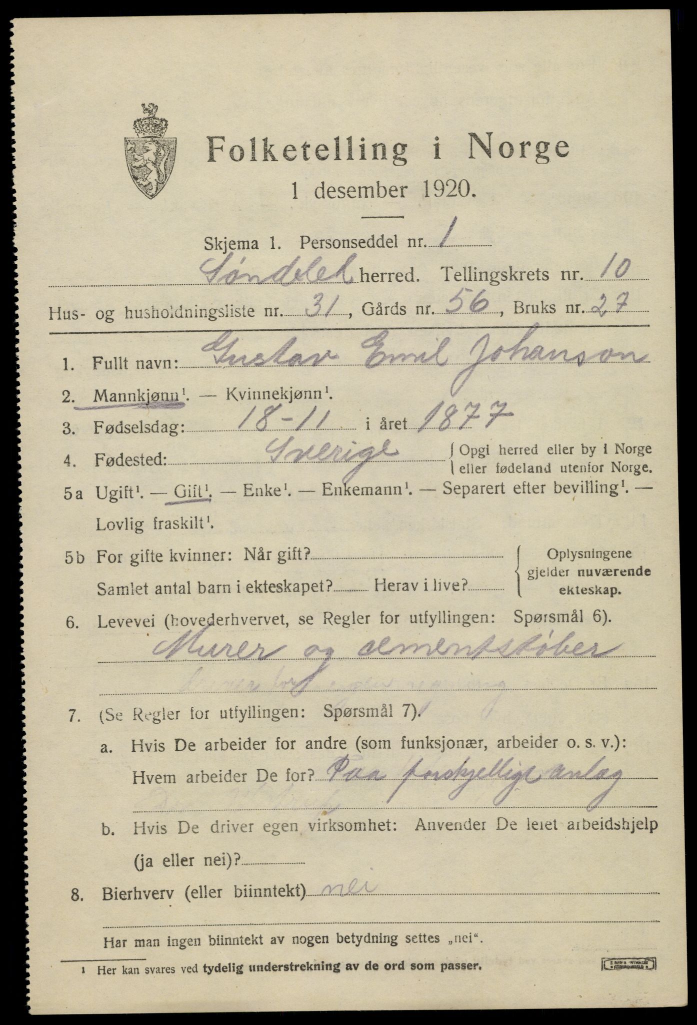 SAK, Folketelling 1920 for 0913 Søndeled herred, 1920, s. 5313