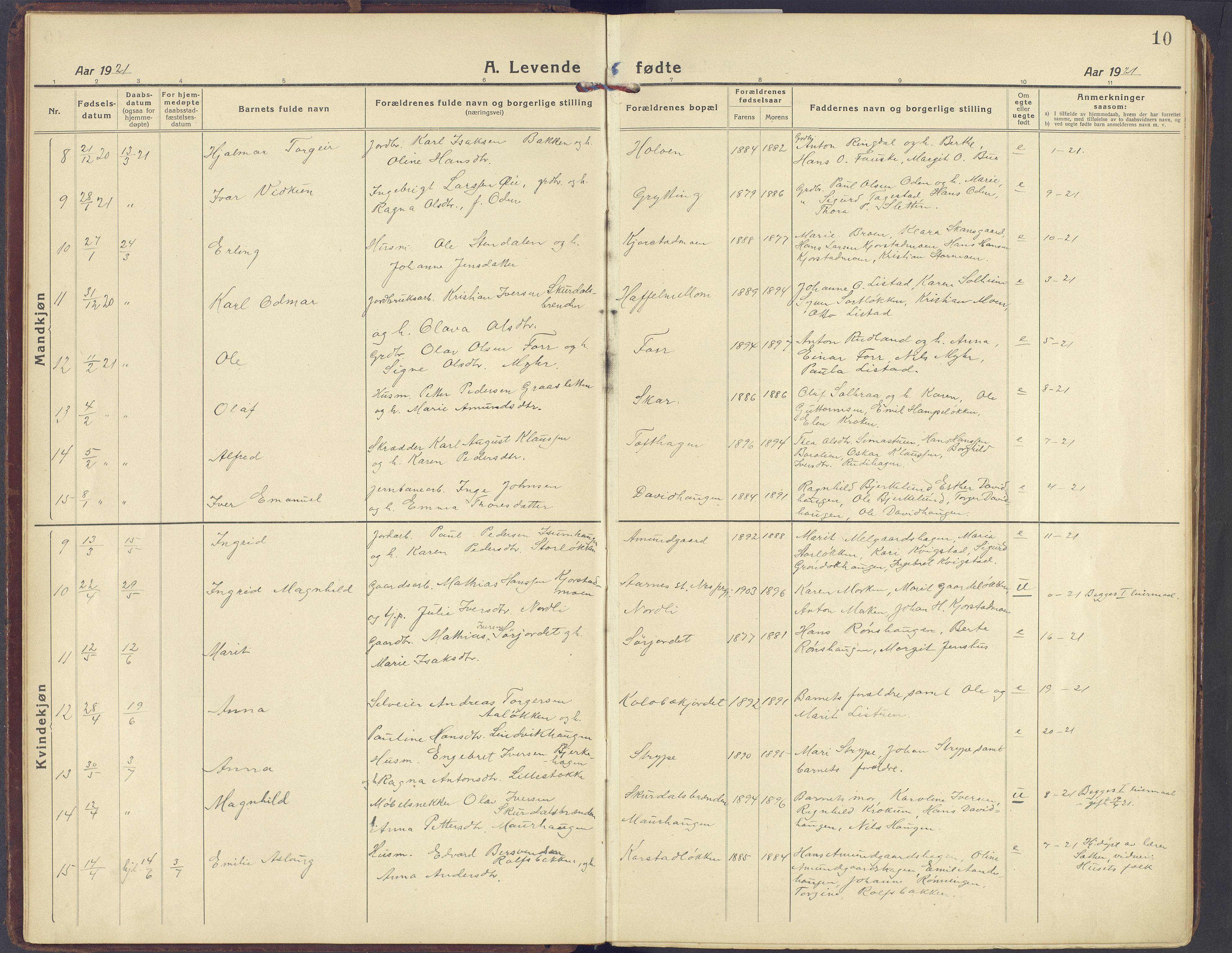 Sør-Fron prestekontor, AV/SAH-PREST-010/H/Ha/Haa/L0005: Ministerialbok nr. 5, 1920-1933, s. 10