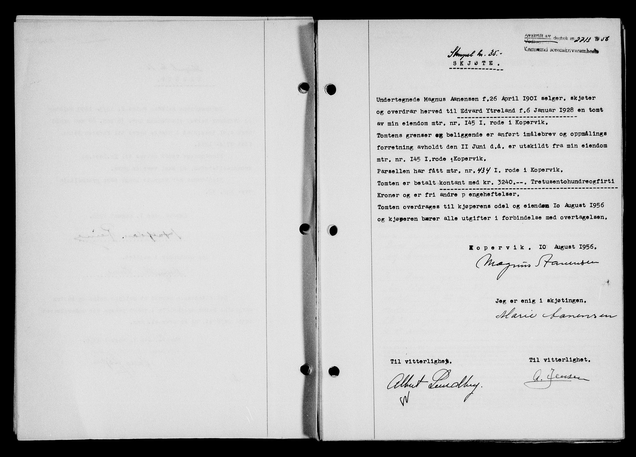 Karmsund sorenskriveri, SAST/A-100311/01/II/IIB/L0121: Pantebok nr. 101A, 1956-1956, Dagboknr: 2713/1956