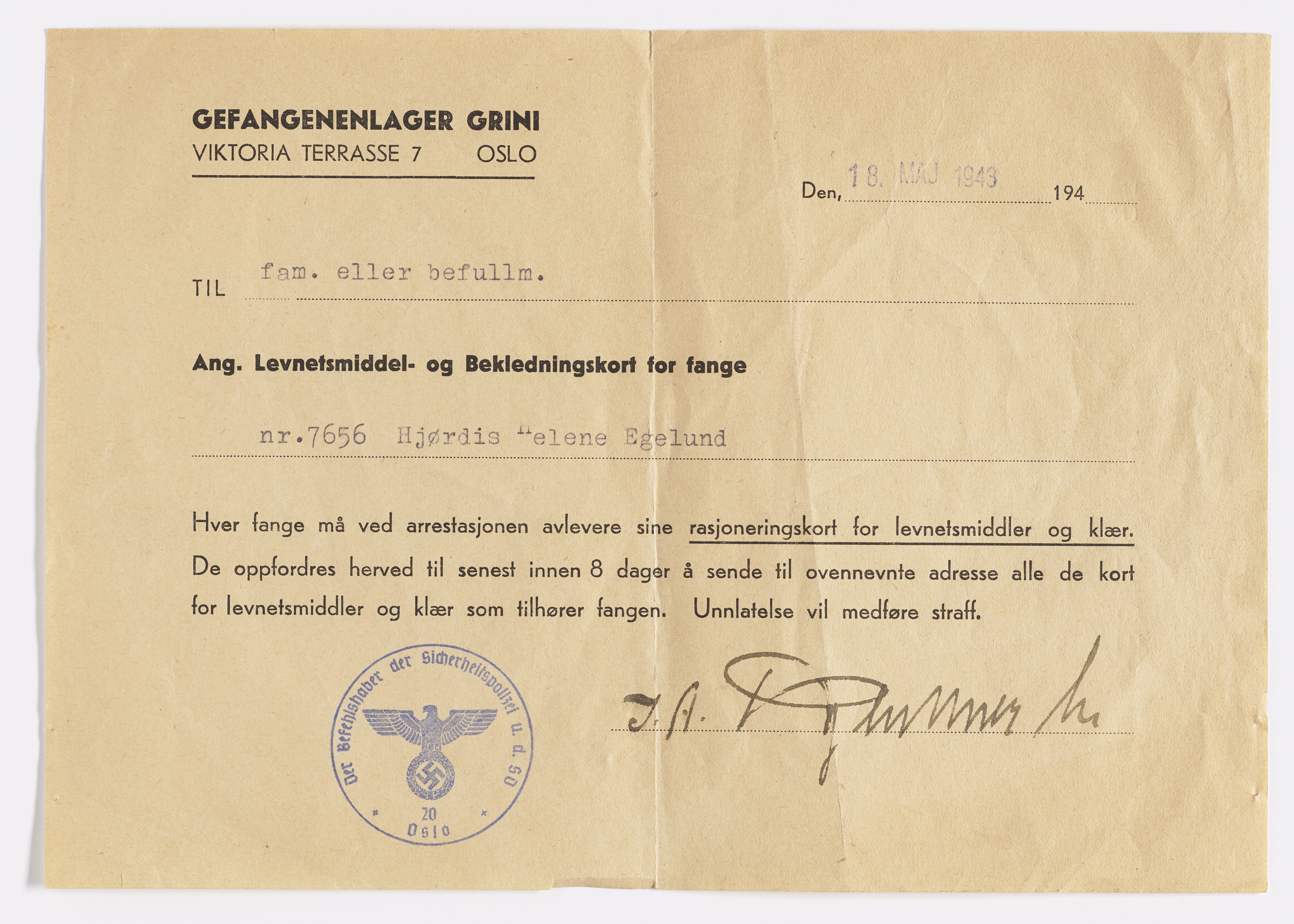 Hjørdis Helene Egelund, AFM/GRI-1003/D/Da/L0001/0005: Brev og dokumenter / Brev, 1943