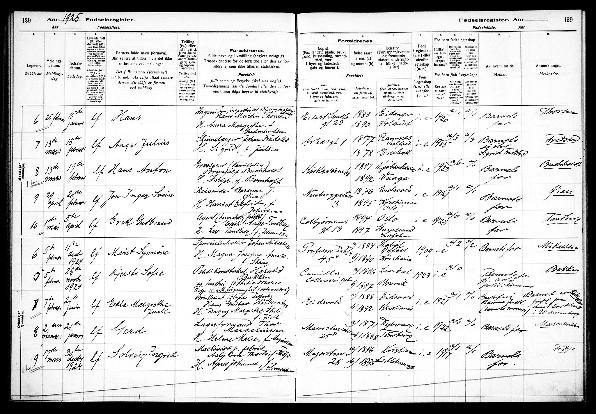 Uranienborg prestekontor Kirkebøker, AV/SAO-A-10877/J/Ja/L0001: Fødselsregister nr. 1, 1916-1930, s. 129