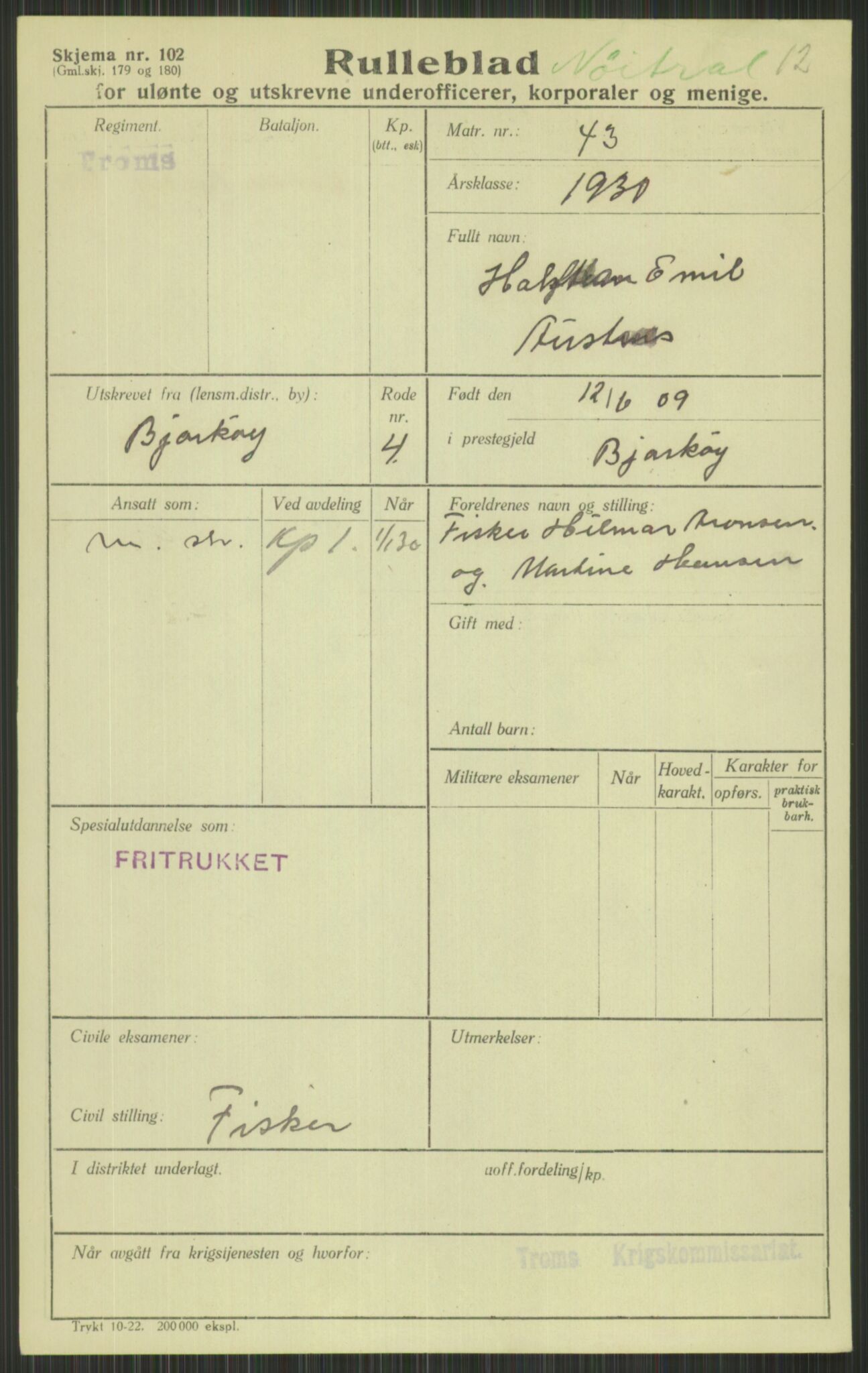 Forsvaret, Troms infanteriregiment nr. 16, AV/RA-RAFA-3146/P/Pa/L0014: Rulleblad for regimentets menige mannskaper, årsklasse 1930, 1930, s. 51