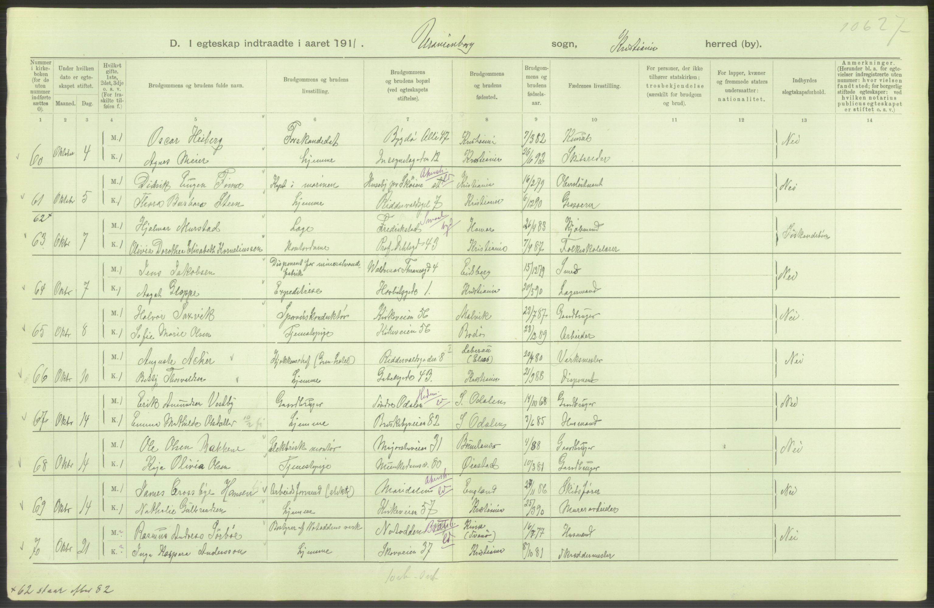 Statistisk sentralbyrå, Sosiodemografiske emner, Befolkning, AV/RA-S-2228/D/Df/Dfb/Dfba/L0008: Kristiania: Gifte, 1911, s. 432