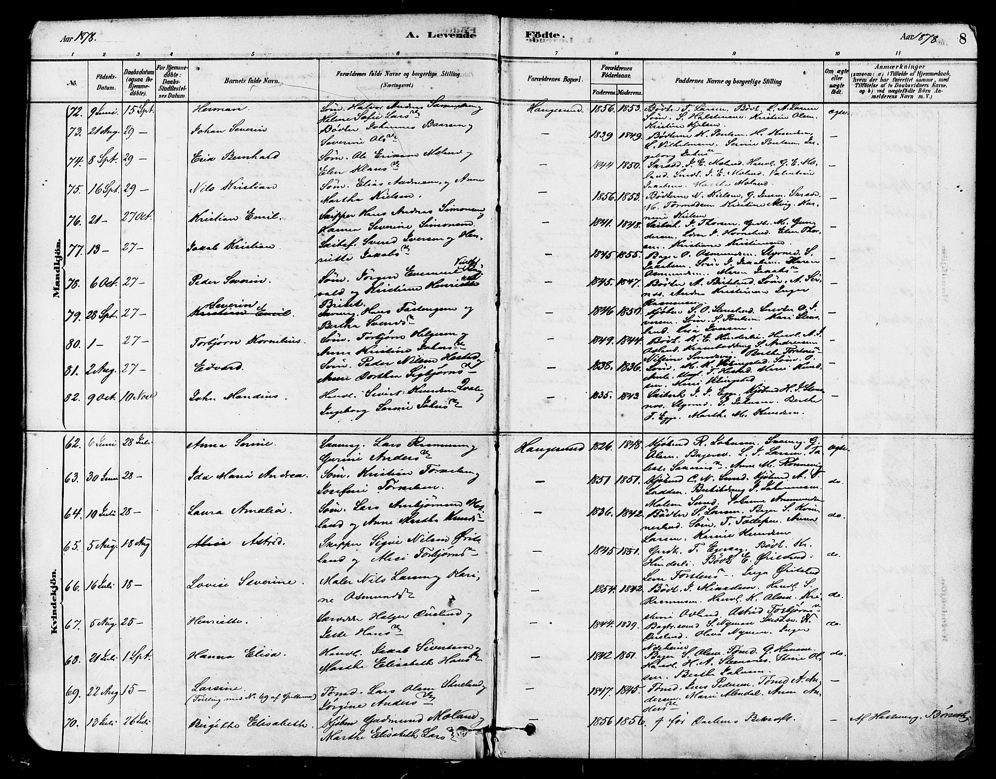 Haugesund sokneprestkontor, AV/SAST-A -101863/H/Ha/Haa/L0001: Ministerialbok nr. A 1, 1878-1885, s. 8