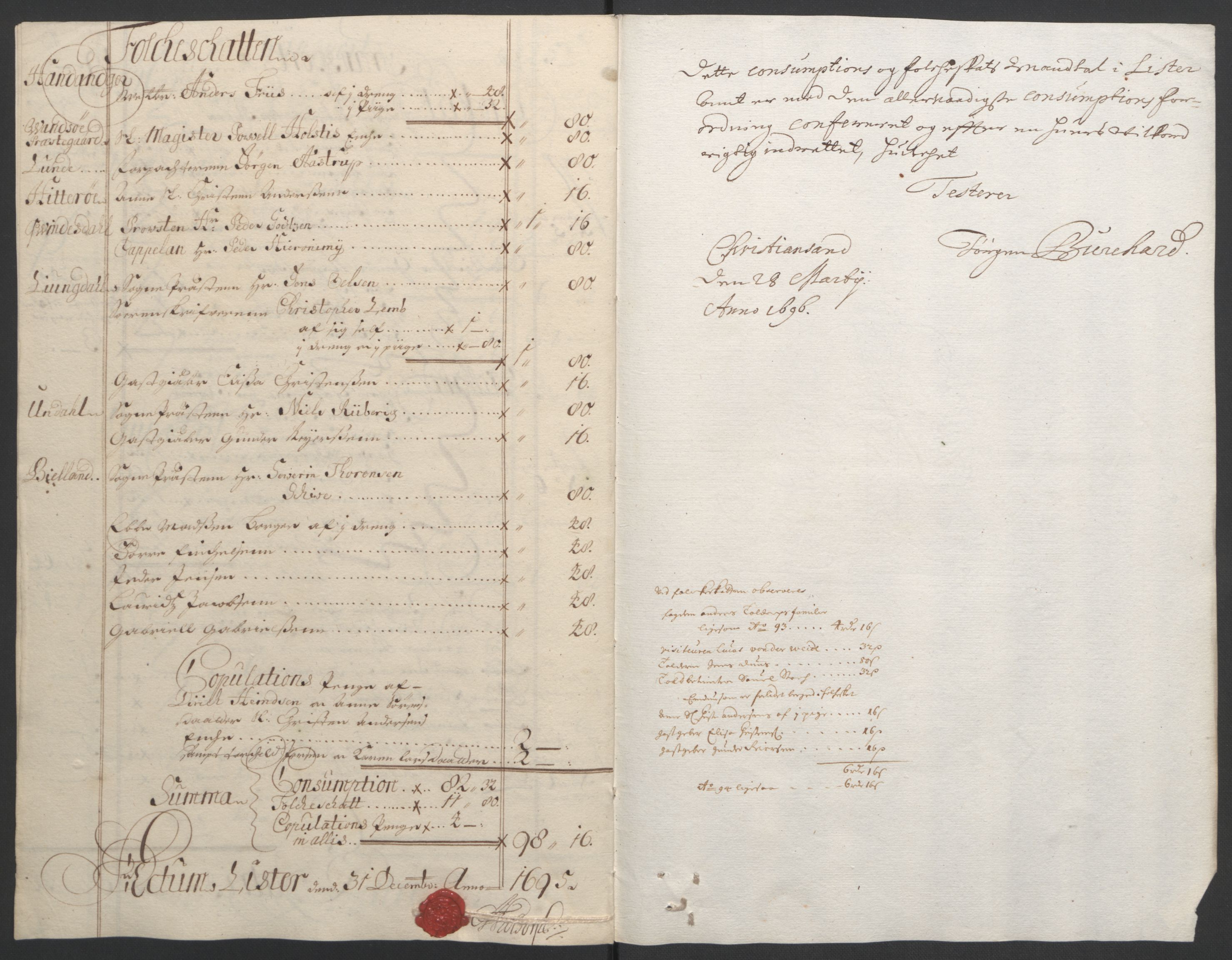 Rentekammeret inntil 1814, Reviderte regnskaper, Fogderegnskap, AV/RA-EA-4092/R43/L2545: Fogderegnskap Lista og Mandal, 1694-1695, s. 231