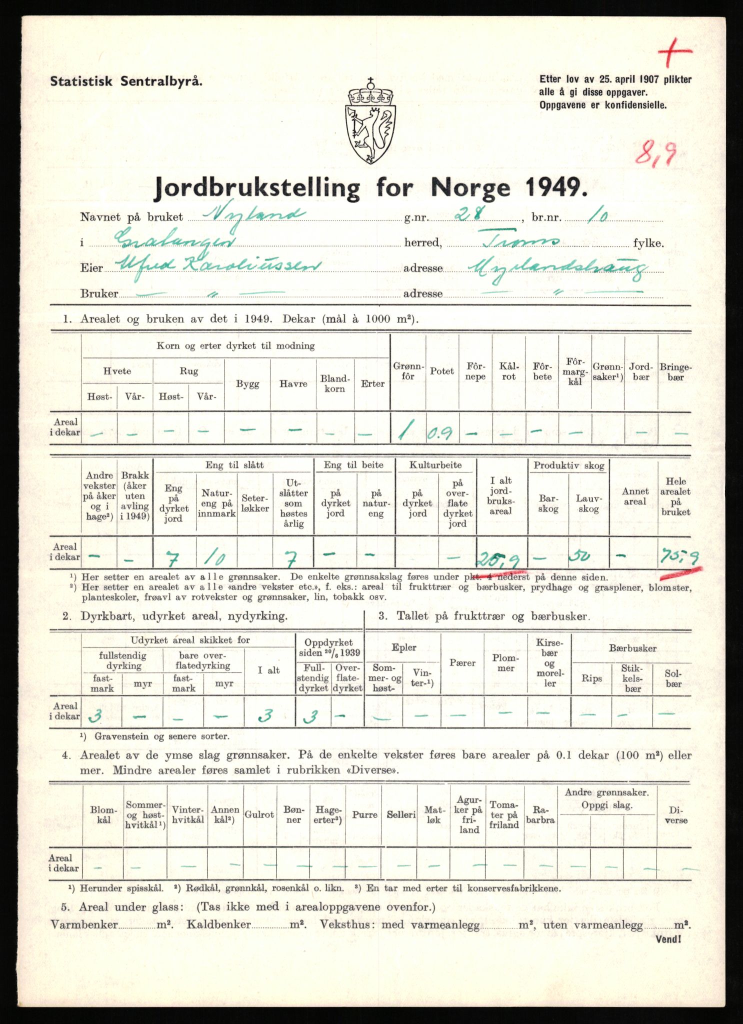 Statistisk sentralbyrå, Næringsøkonomiske emner, Jordbruk, skogbruk, jakt, fiske og fangst, AV/RA-S-2234/G/Gc/L0437: Troms: Gratangen og Lavangen, 1949, s. 886