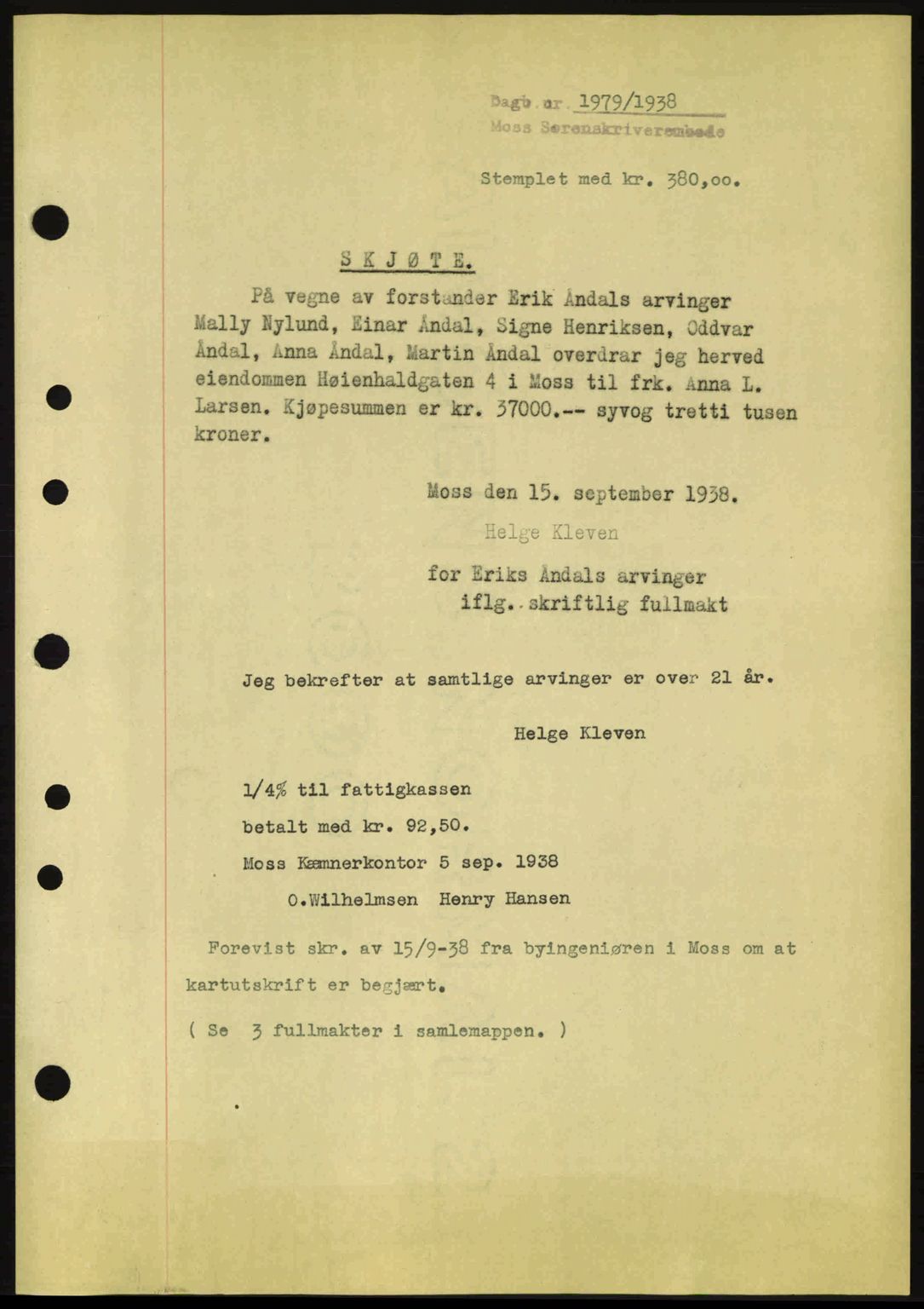 Moss sorenskriveri, SAO/A-10168: Pantebok nr. A4, 1938-1938, Dagboknr: 1979/1938